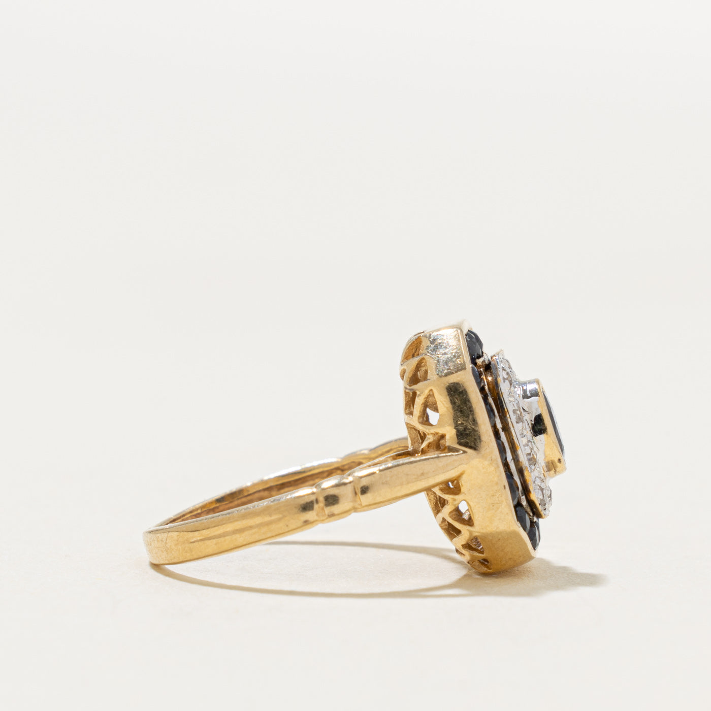 14k Bezel Set Sapphire & Diamond Halo Geometric Ring | 0.60ct, 0.10ctw | SZ 3