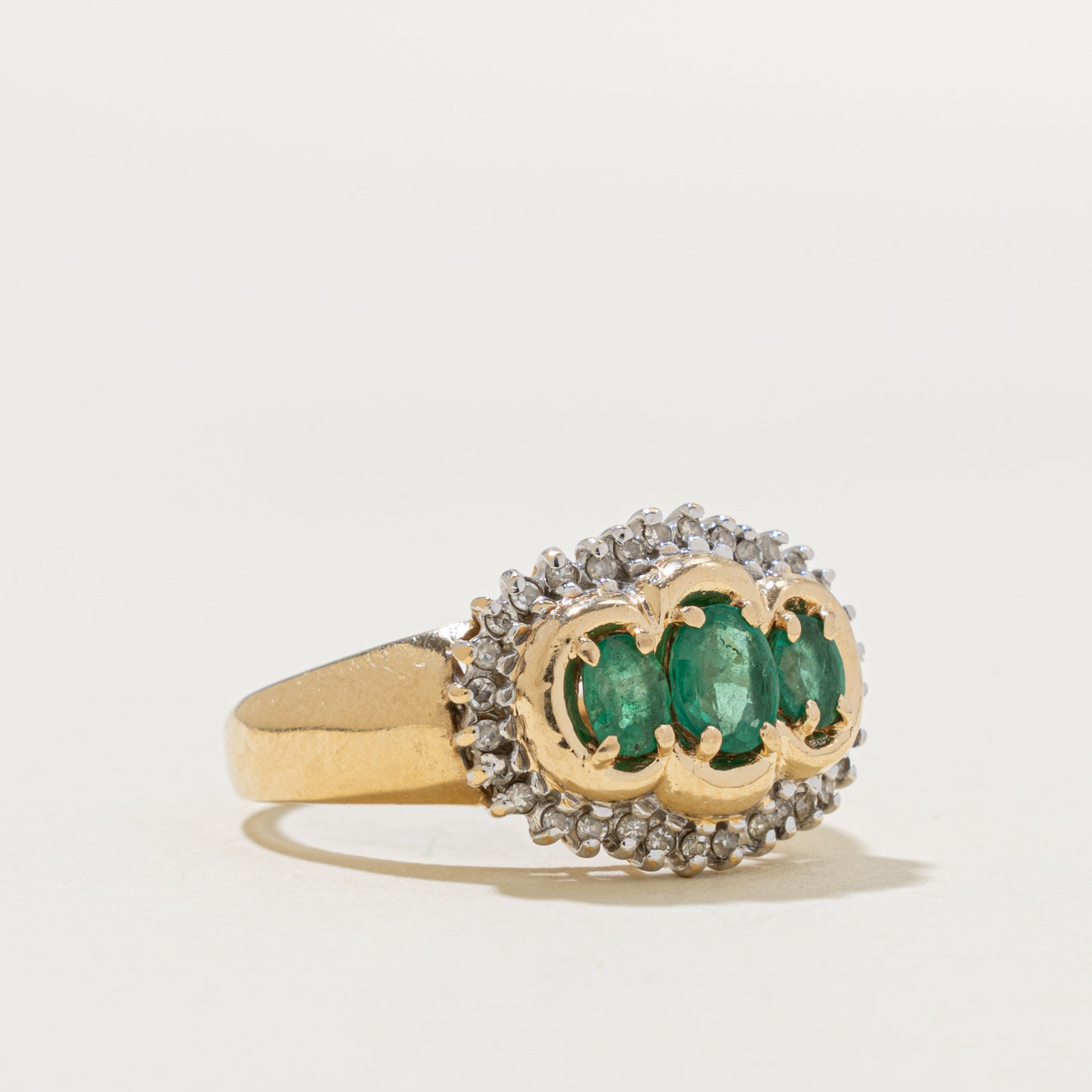 14k Three Stone Emerald & Diamond Petal Halo Ring | 0.50ctw, 0.16ctw | SZ 7