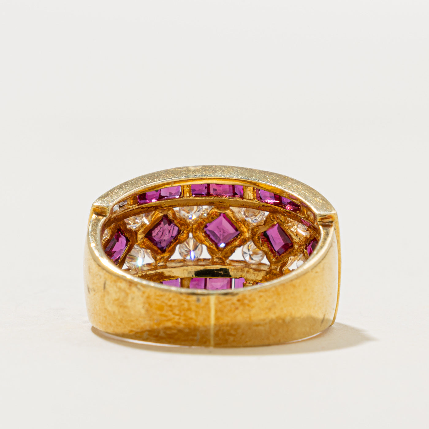 18k Multi Row Ruby & Diamond Geometric Cocktail Ring | 1.30ct, 0.44ctw | SZ 5