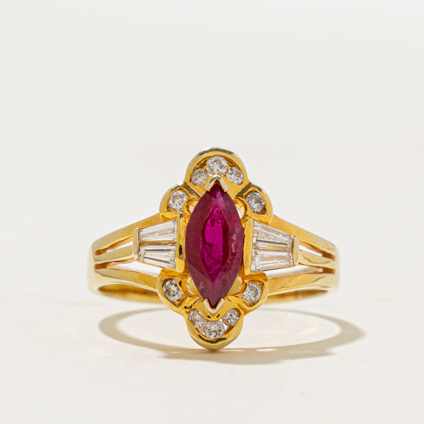 14k Marquise Cut Ruby & Diamond Scalloped Halo Ring | 0.9ct, 0.28ctw | SZ 8.5
