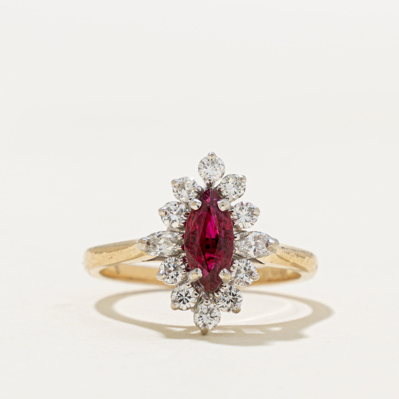 14k Marquise Cut Ruby & Diamond Petal Halo Ring | 0.52ct, 0.42ctw | SZ 6