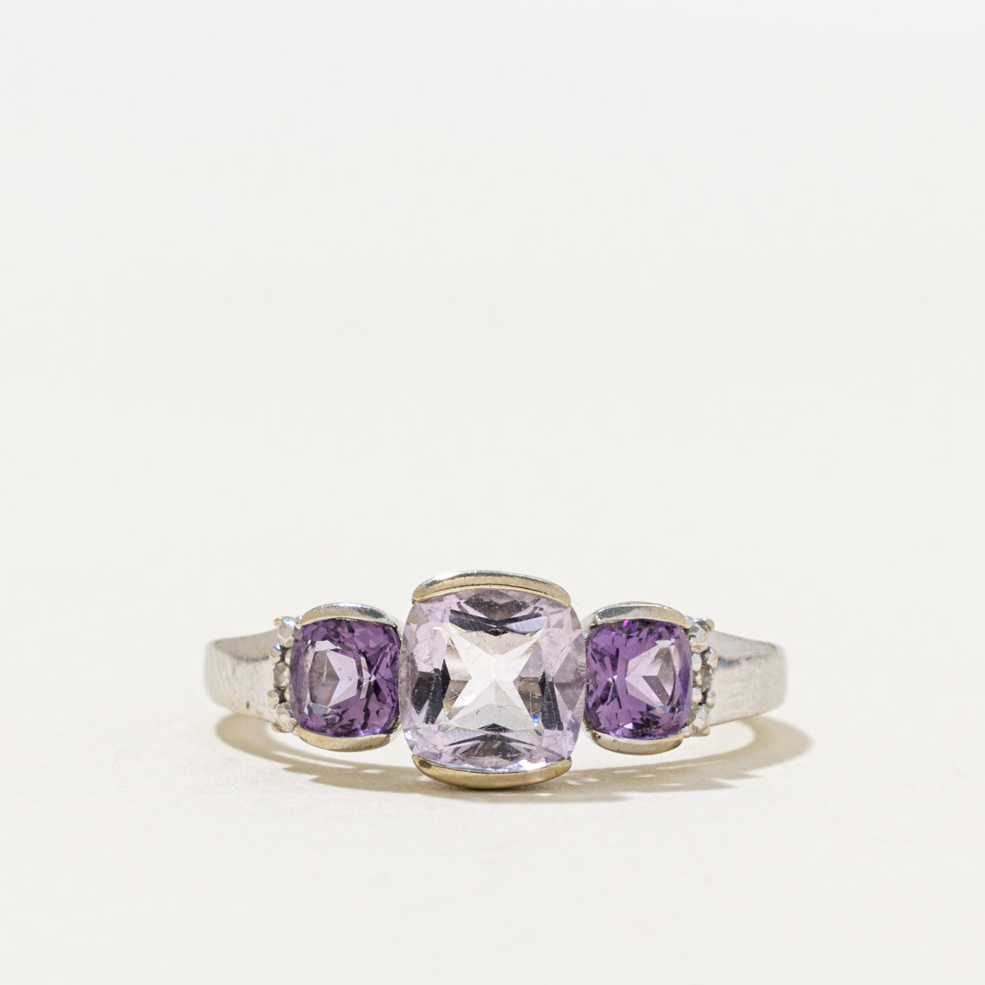 10k Three Stone Cushion Cut Scapolite, Amethyst & Diamond Ring | 1.38ctw, 0.01ctw | SZ 6.5