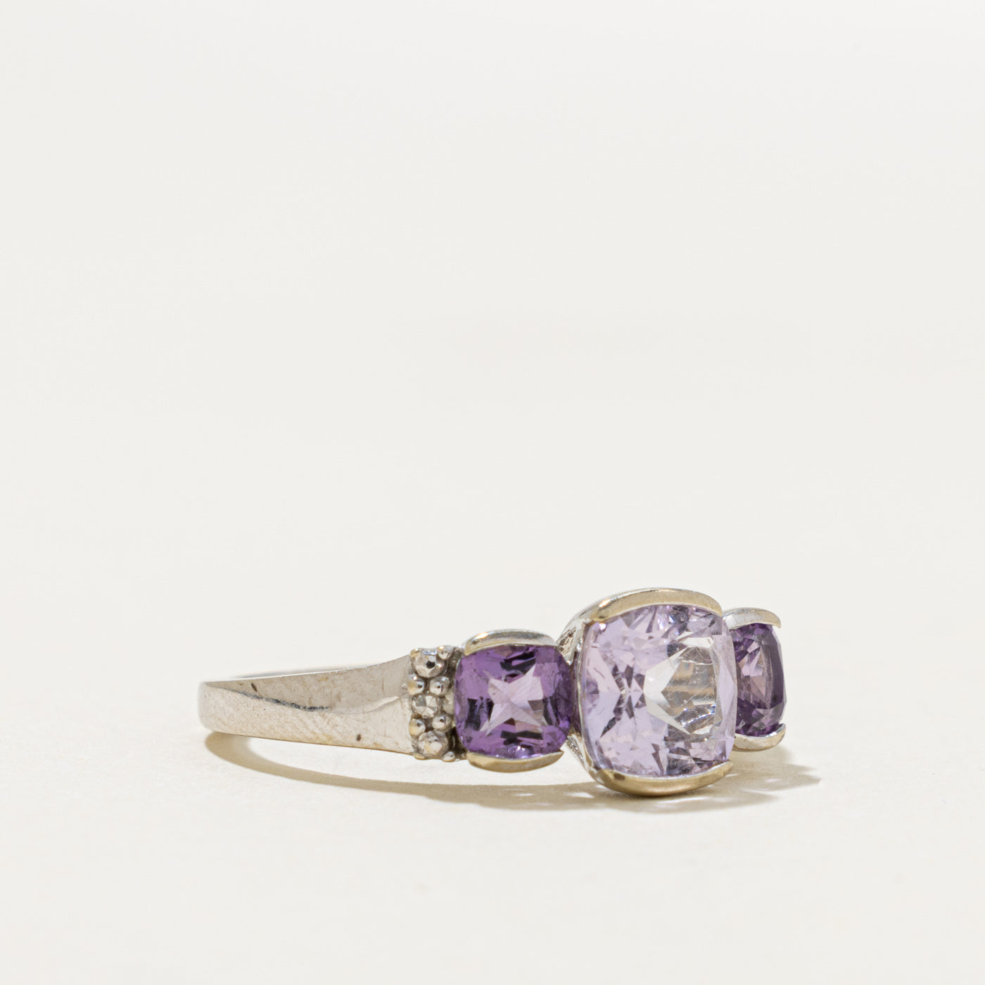 10k Three Stone Cushion Cut Scapolite, Amethyst & Diamond Ring | 1.38ctw, 0.01ctw | SZ 6.5