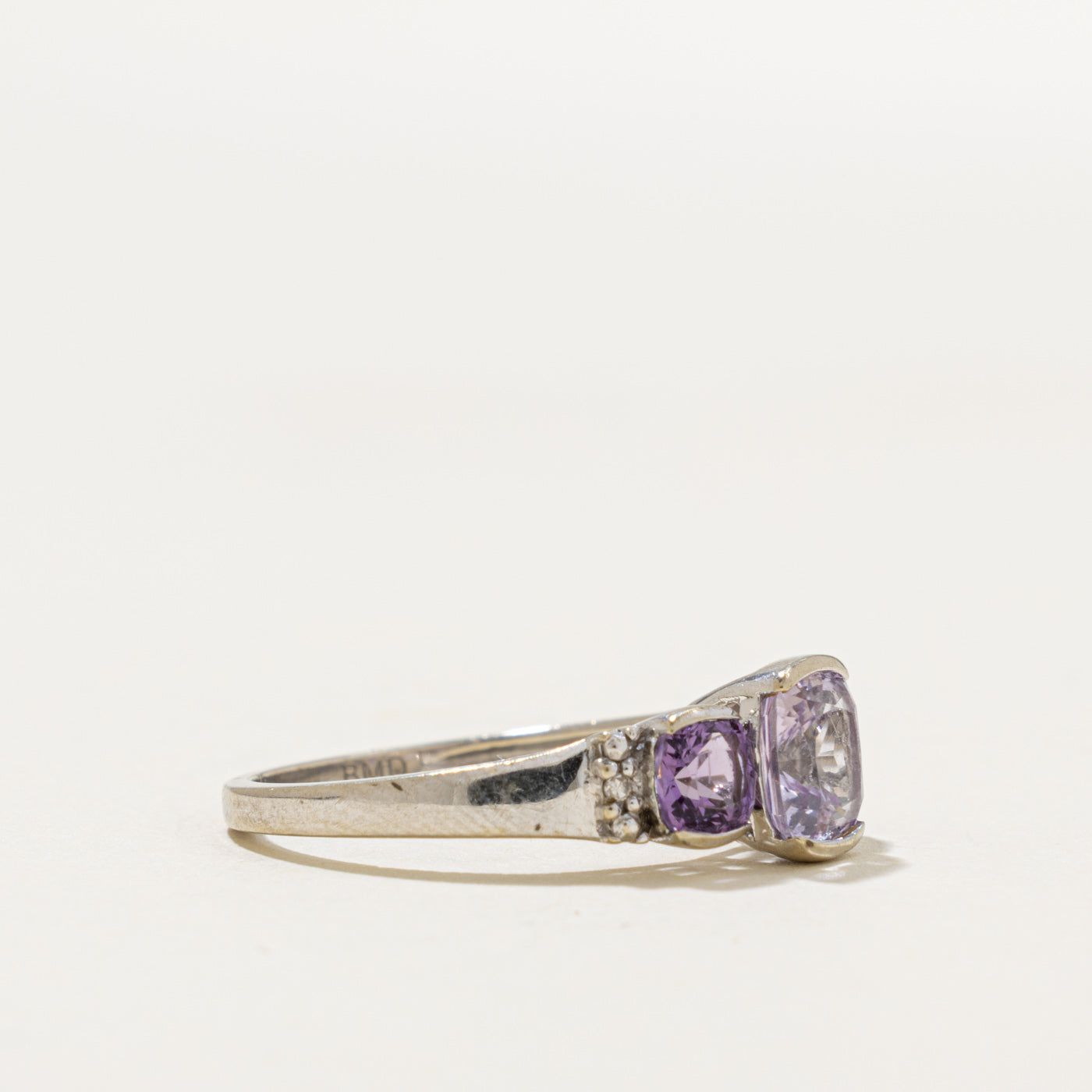 10k Three Stone Cushion Cut Scapolite, Amethyst & Diamond Ring | 1.38ctw, 0.01ctw | SZ 6.5