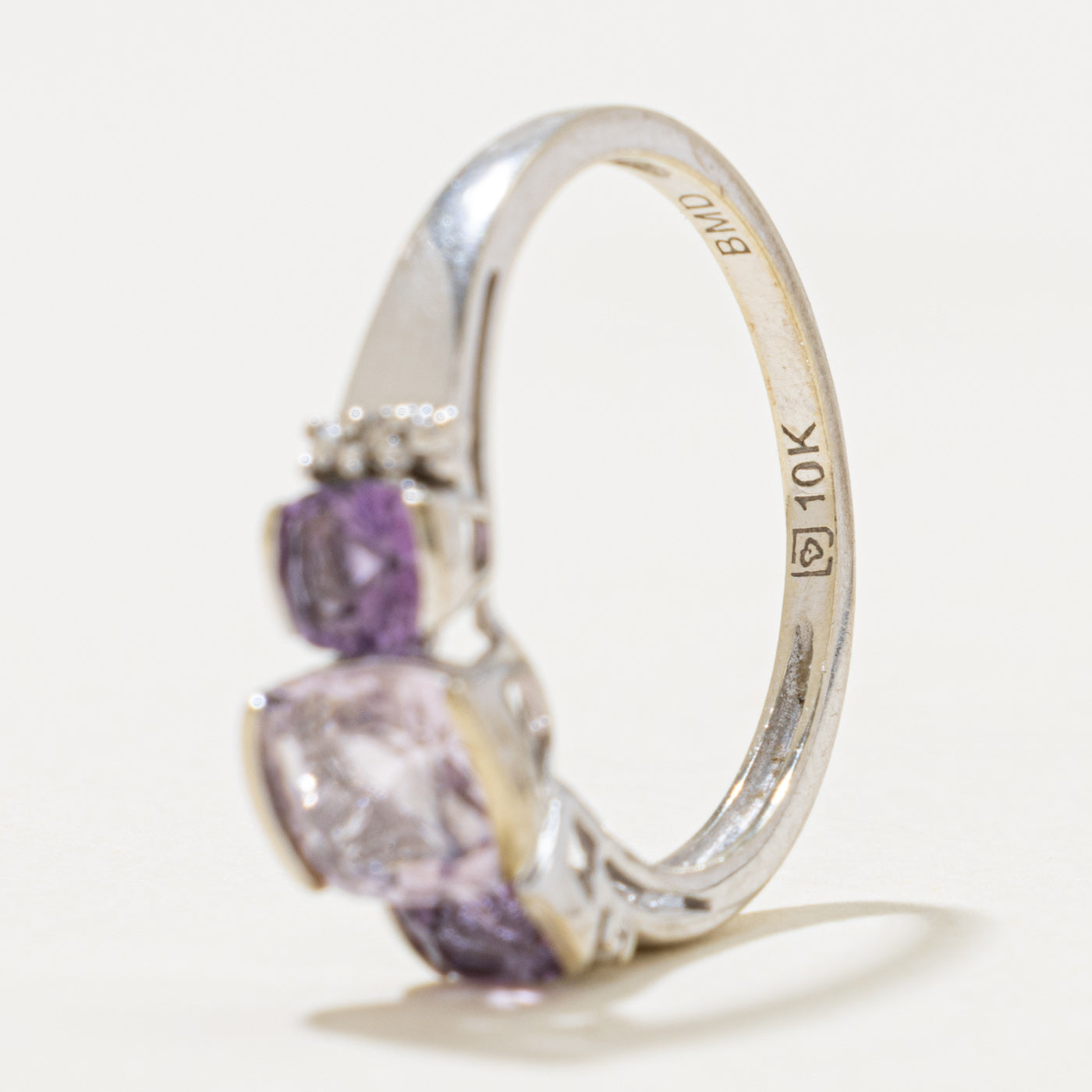 10k Three Stone Cushion Cut Scapolite, Amethyst & Diamond Ring | 1.38ctw, 0.01ctw | SZ 6.5