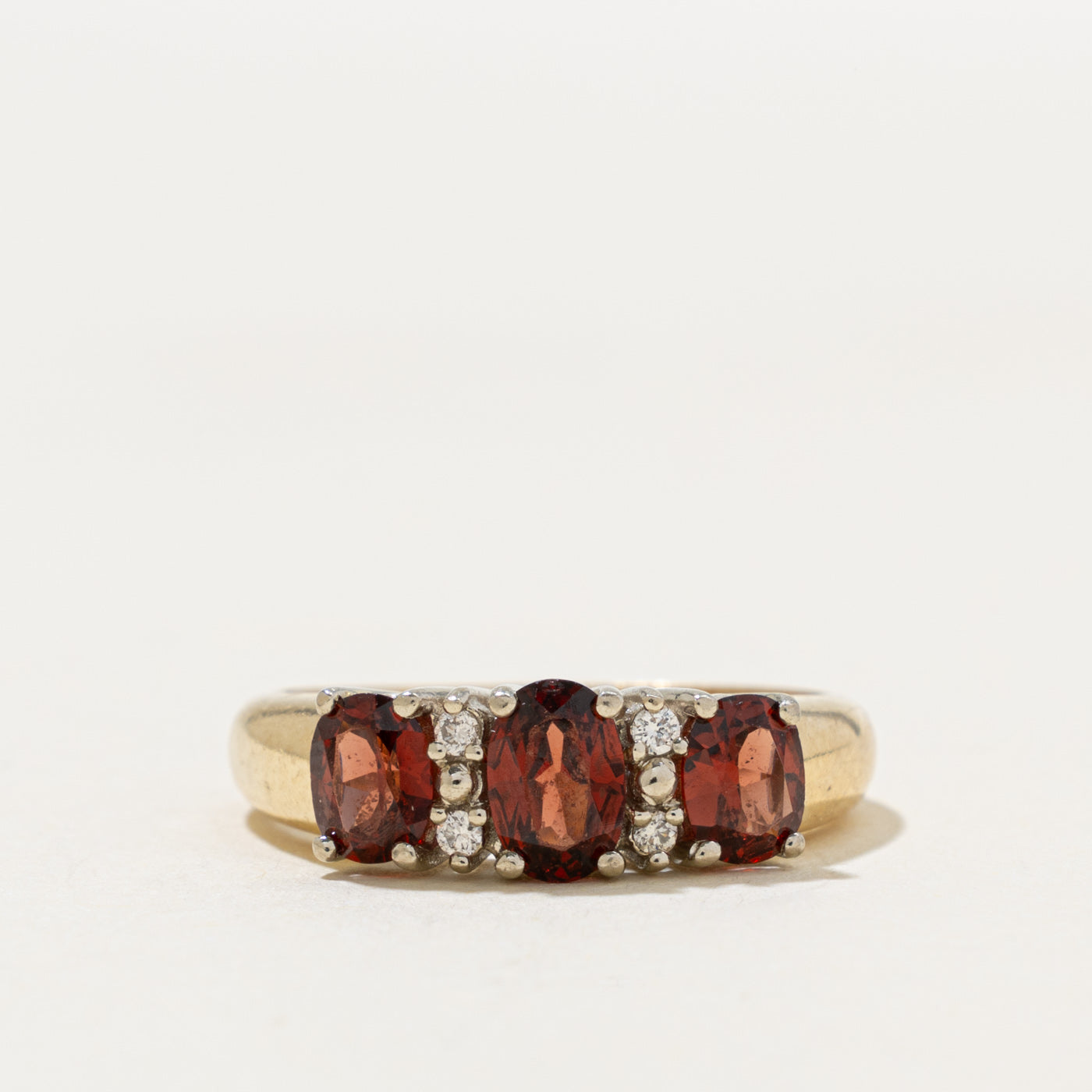 'Birks' Three Stone Garnet & Diamond Accented Ring | 1.00ctw, 0.04ctw | SZ 6.5