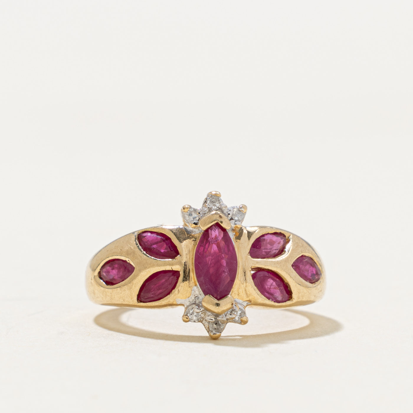 10k Marquise Cut Ruby & Diamond Accented Floral Ring | 0.70ct, 0.03ctw | SZ 2.5