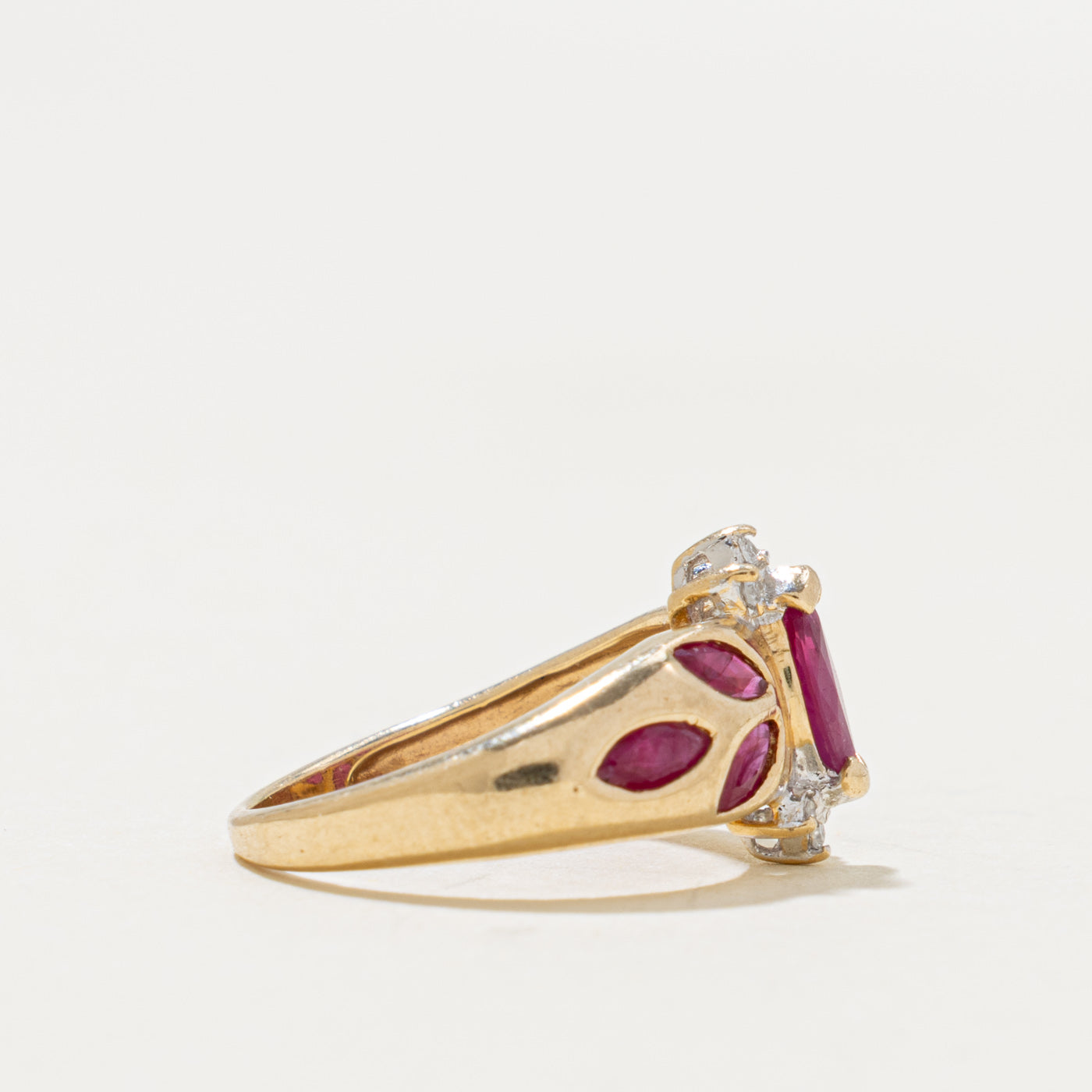 10k Marquise Cut Ruby & Diamond Accented Floral Ring | 0.70ct, 0.03ctw | SZ 2.5