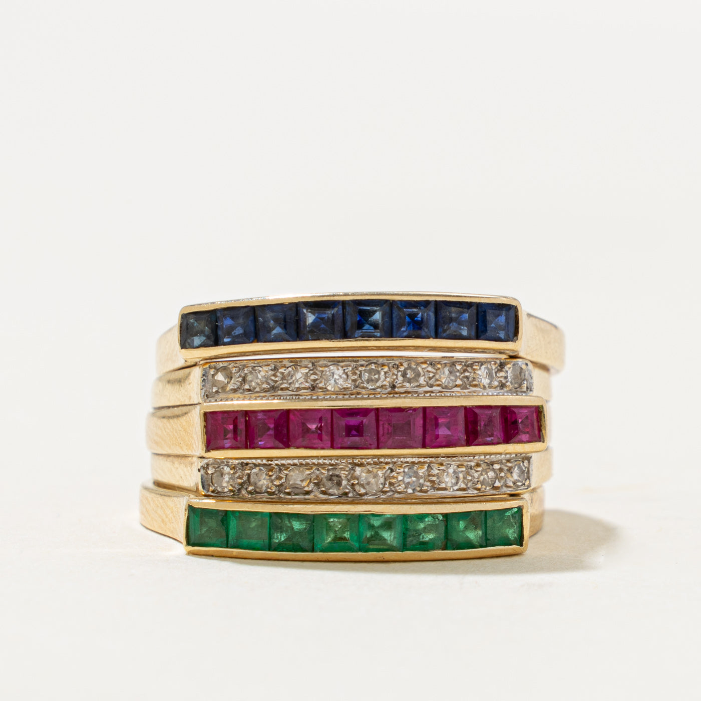 14k Multi Row Ruby, Sapphire, Emerald & Diamond Stacked Band | 1.00ct, 0.16ctw | 6.00mm | SZ 6