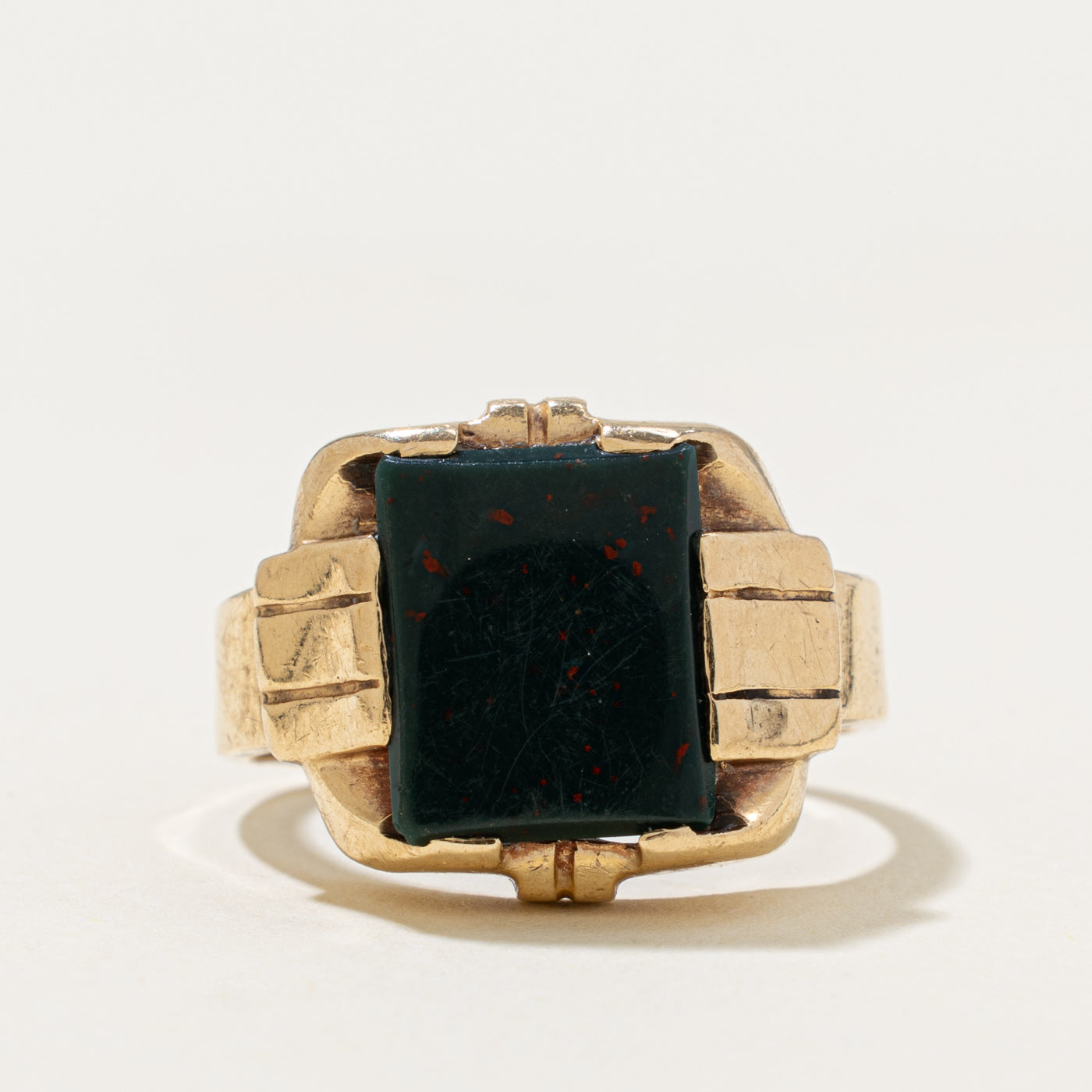 10k Solitaire Bloodstone Grooved Signet Ring | 4.80ct | SZ 9.25