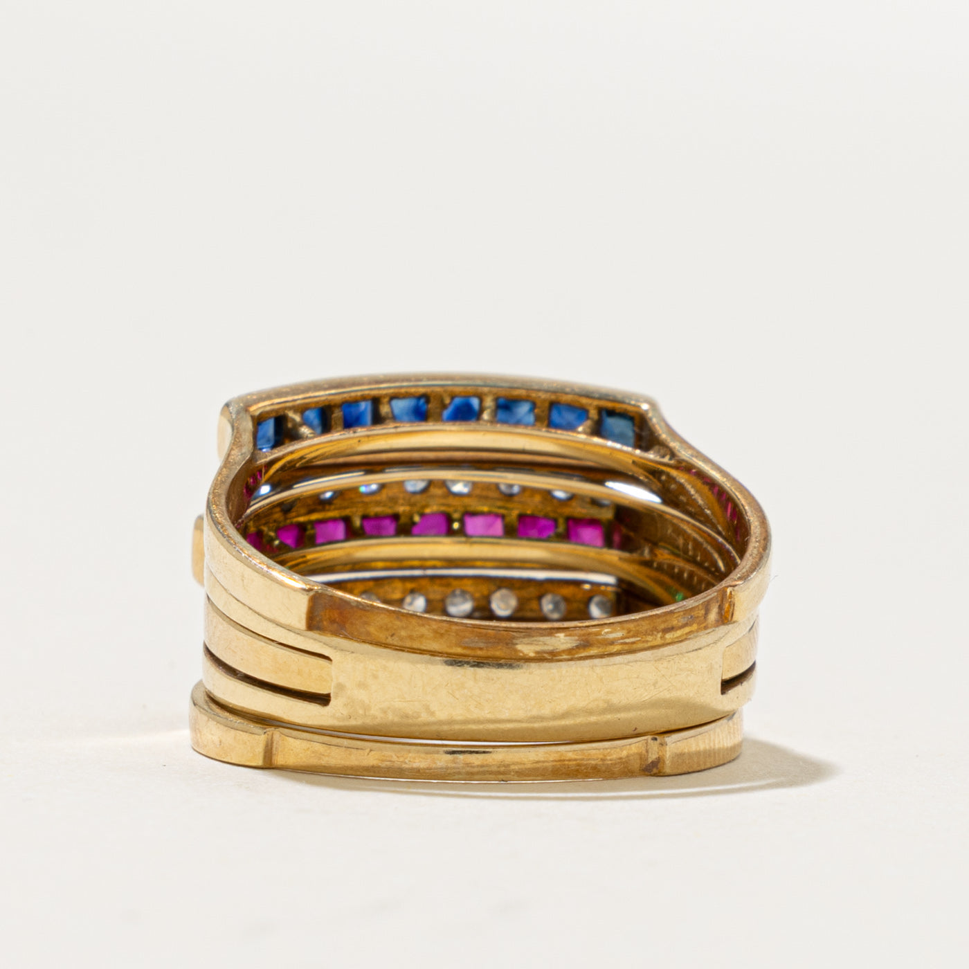 14k Multi Row Ruby, Sapphire, Emerald & Diamond Stacked Band | 1.00ct, 0.16ctw | 6.00mm | SZ 6