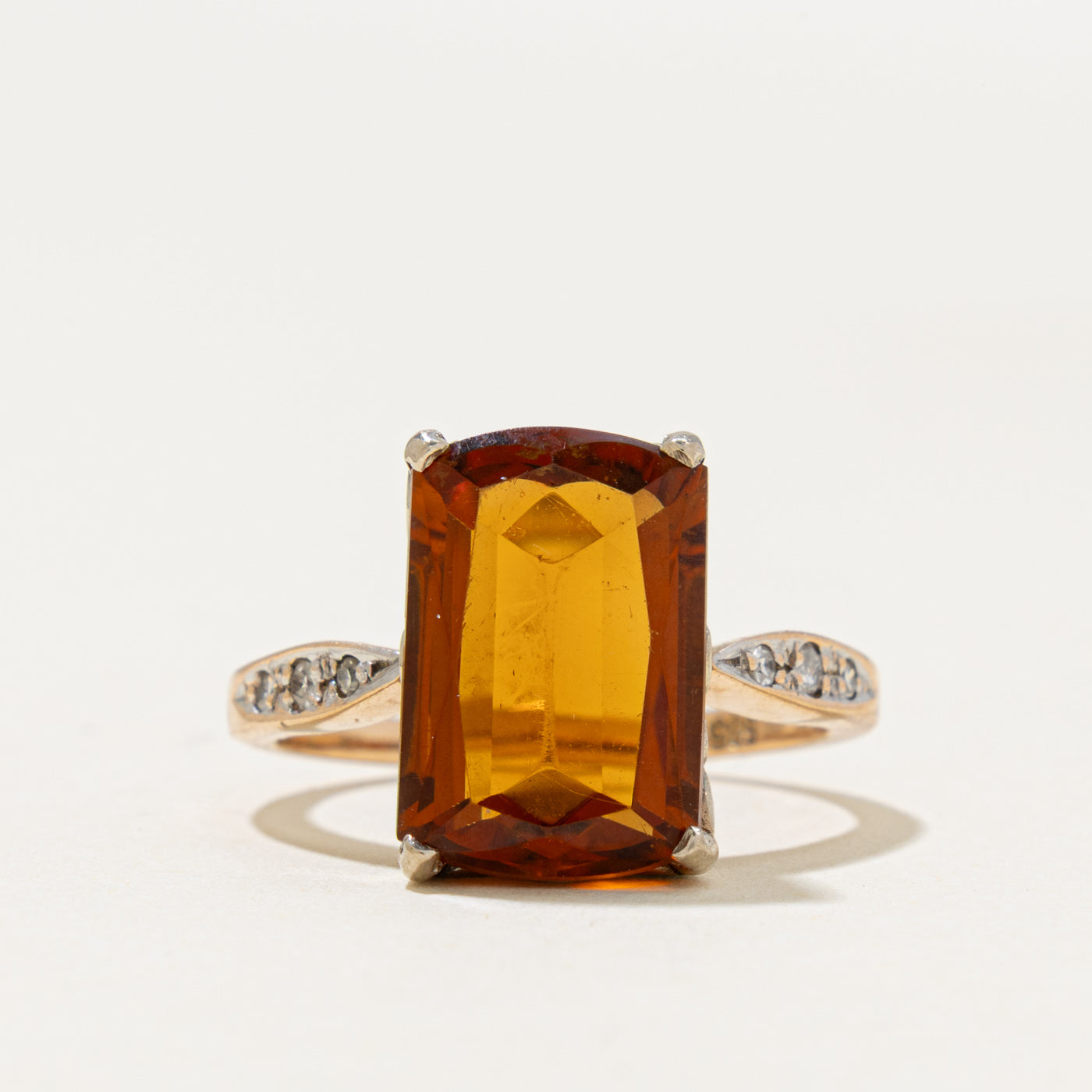 14k Rectangle Cut Citrine & Diamond Accented Cocktail Ring | 4.50ct, 0.06ctw | SZ 5.25