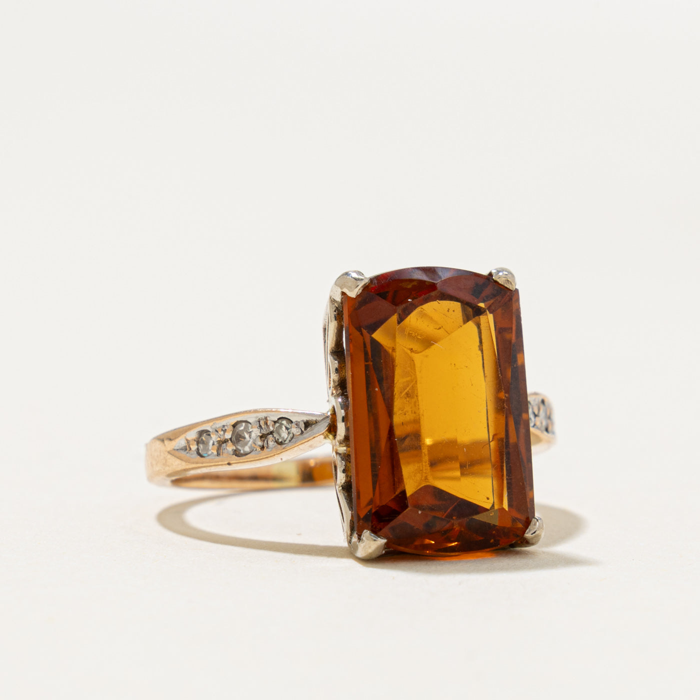 14k Rectangle Cut Citrine & Diamond Accented Cocktail Ring | 4.50ct, 0.06ctw | SZ 5.25