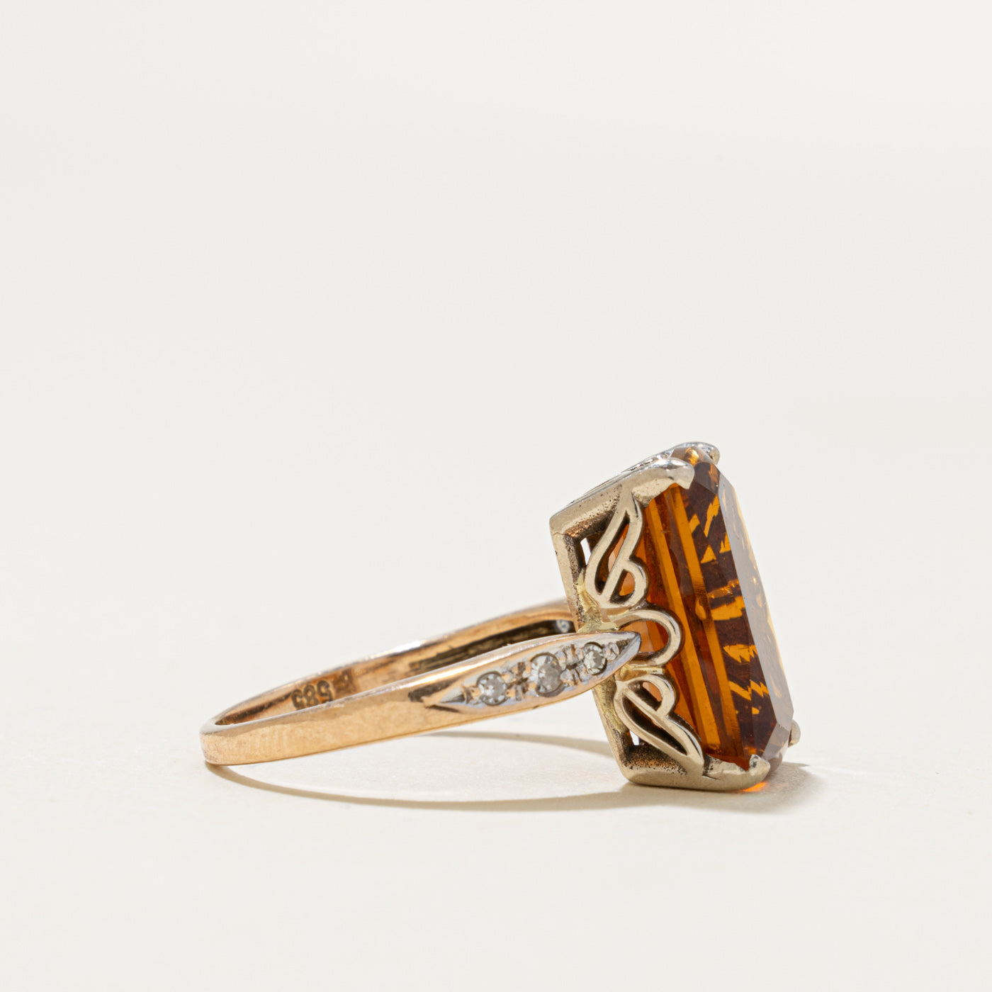 14k Rectangle Cut Citrine & Diamond Accented Cocktail Ring | 4.50ct, 0.06ctw | SZ 5.25