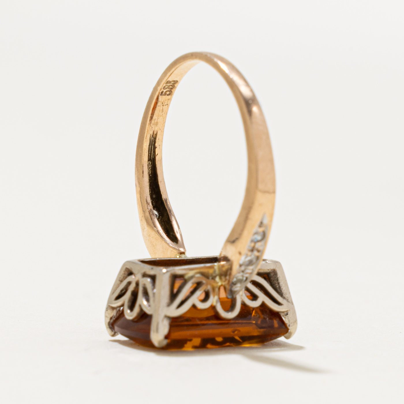 14k Rectangle Cut Citrine & Diamond Accented Cocktail Ring | 4.50ct, 0.06ctw | SZ 5.25