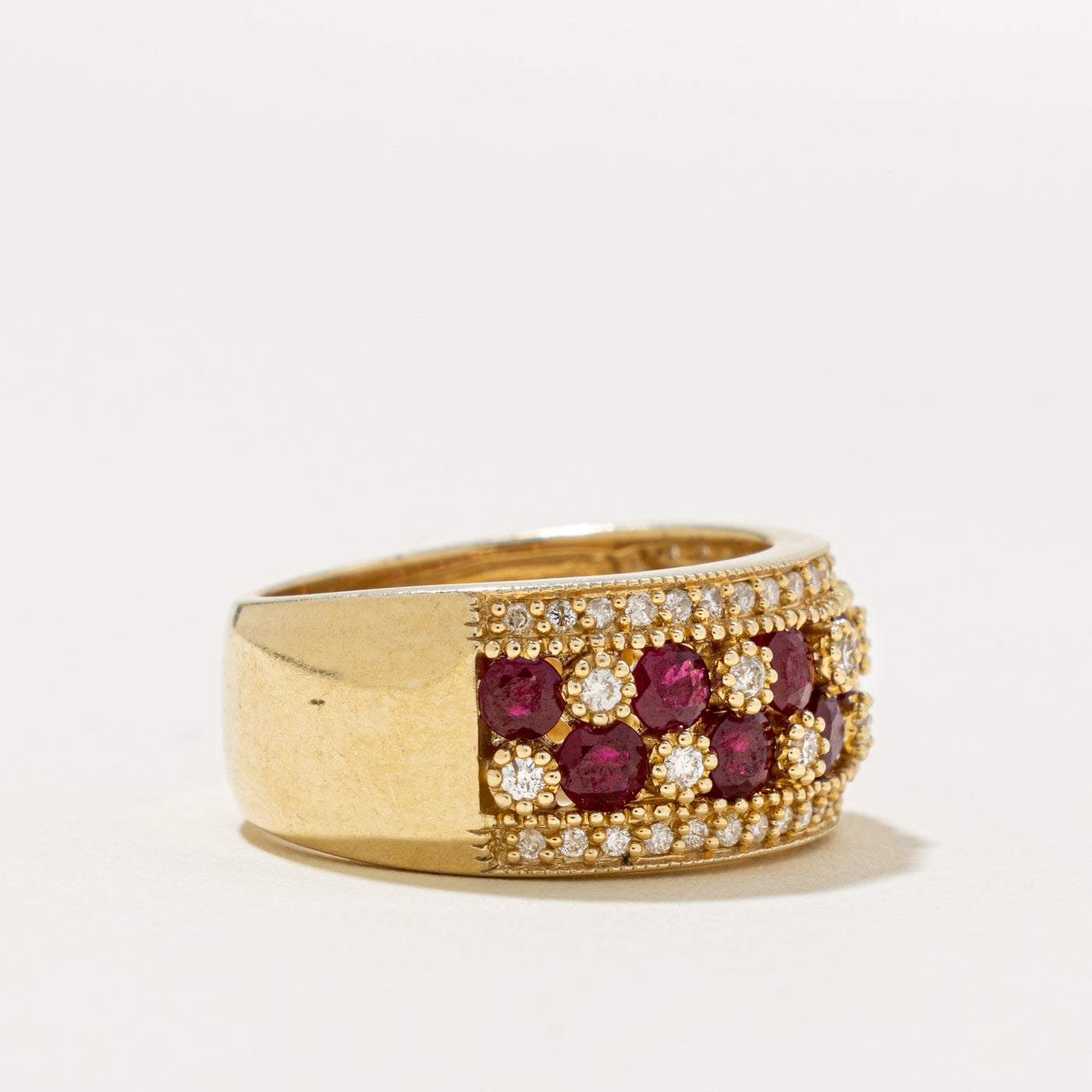 14k Multi Row Ruby & Diamond Milgrain Band | 1.37ct, 0.44ctw | 9.80mm | SZ 7.25