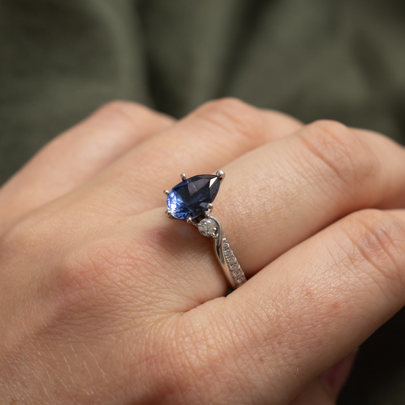 14k Pear Cut Synthetic Sapphire & Diamond Accented Ring | 2.50ct, 0.36ctw | SZ 6