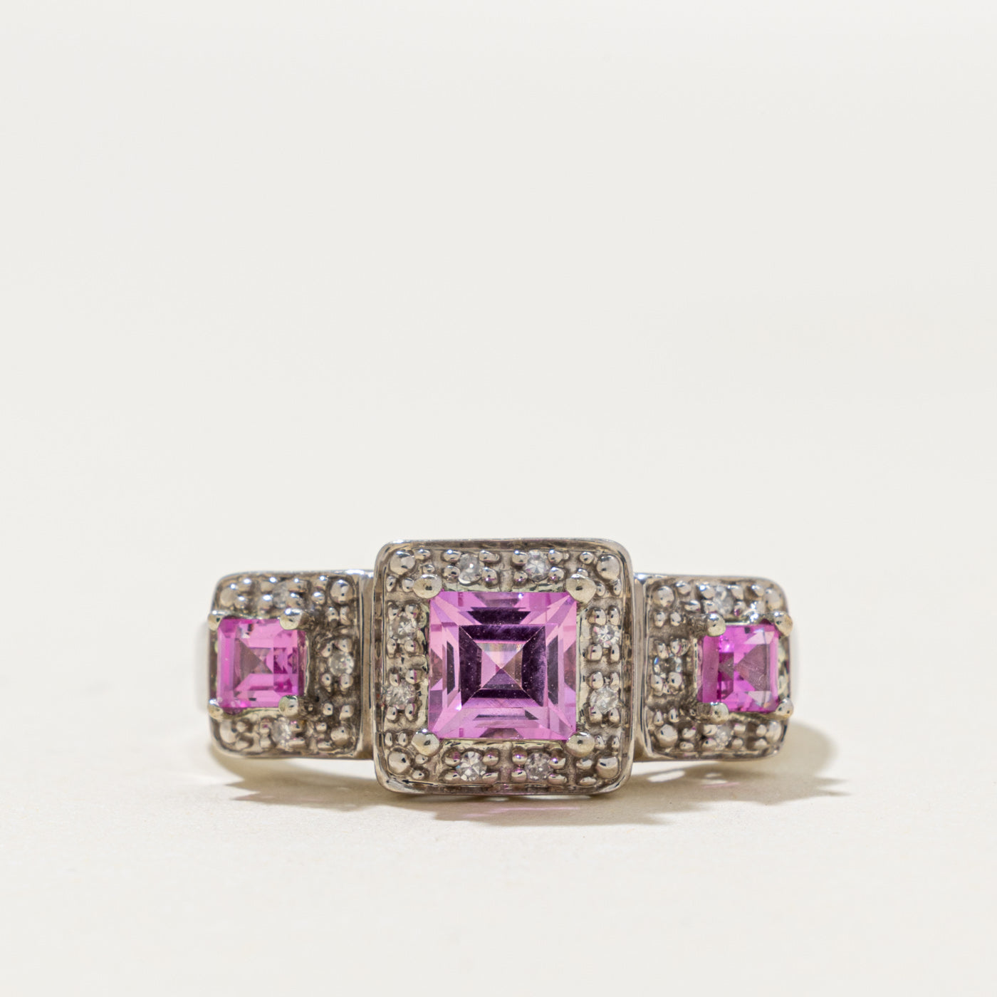 10k Three Stone Synthetic Sapphire & Diamond Halo Ring | 1.20ctw, 0.08ctw | SZ 8.25