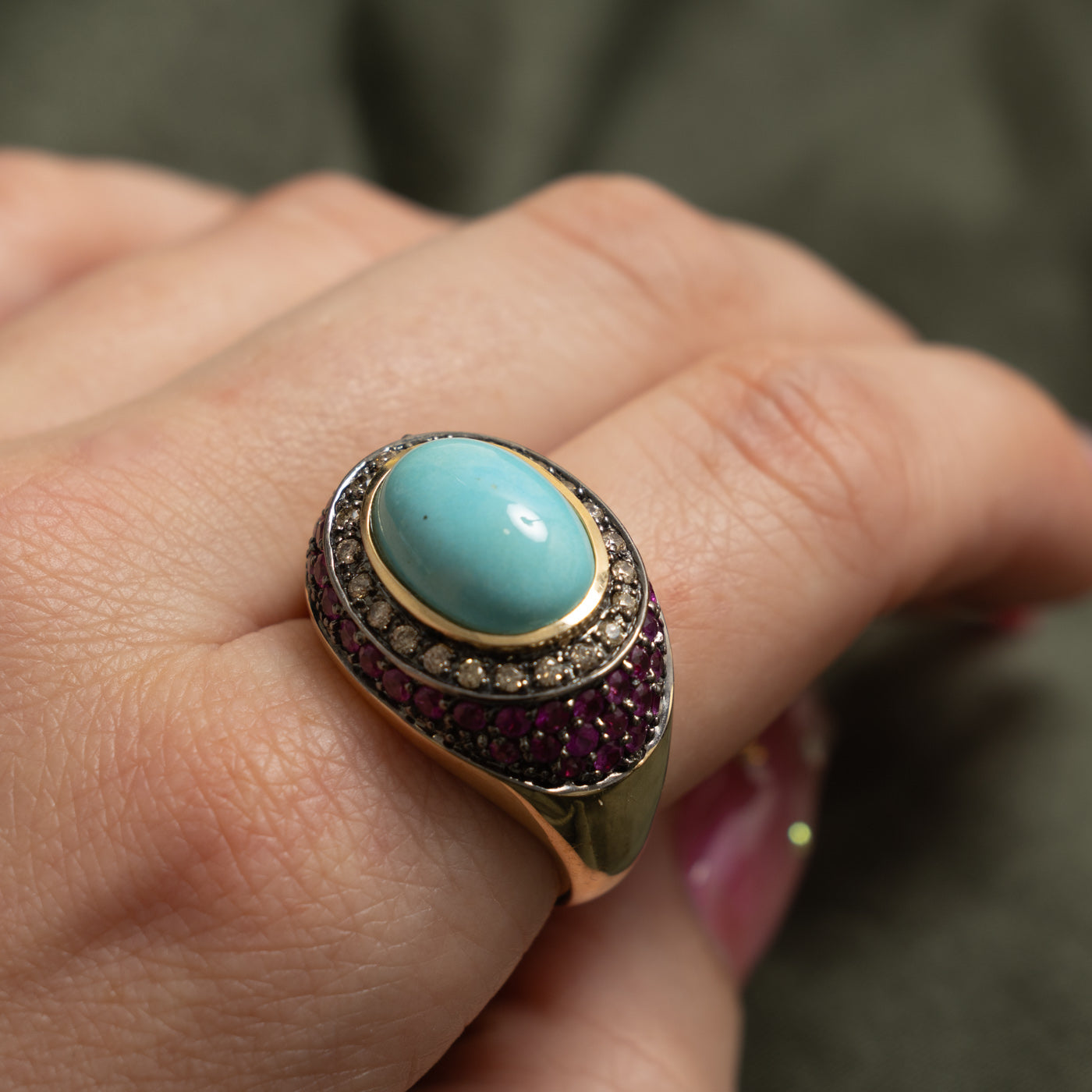 14k East West Turquoise, Pink Sapphire & Diamond Halo Dome Ring | 7.80ctw, 0.36ctw | SZ 10.25