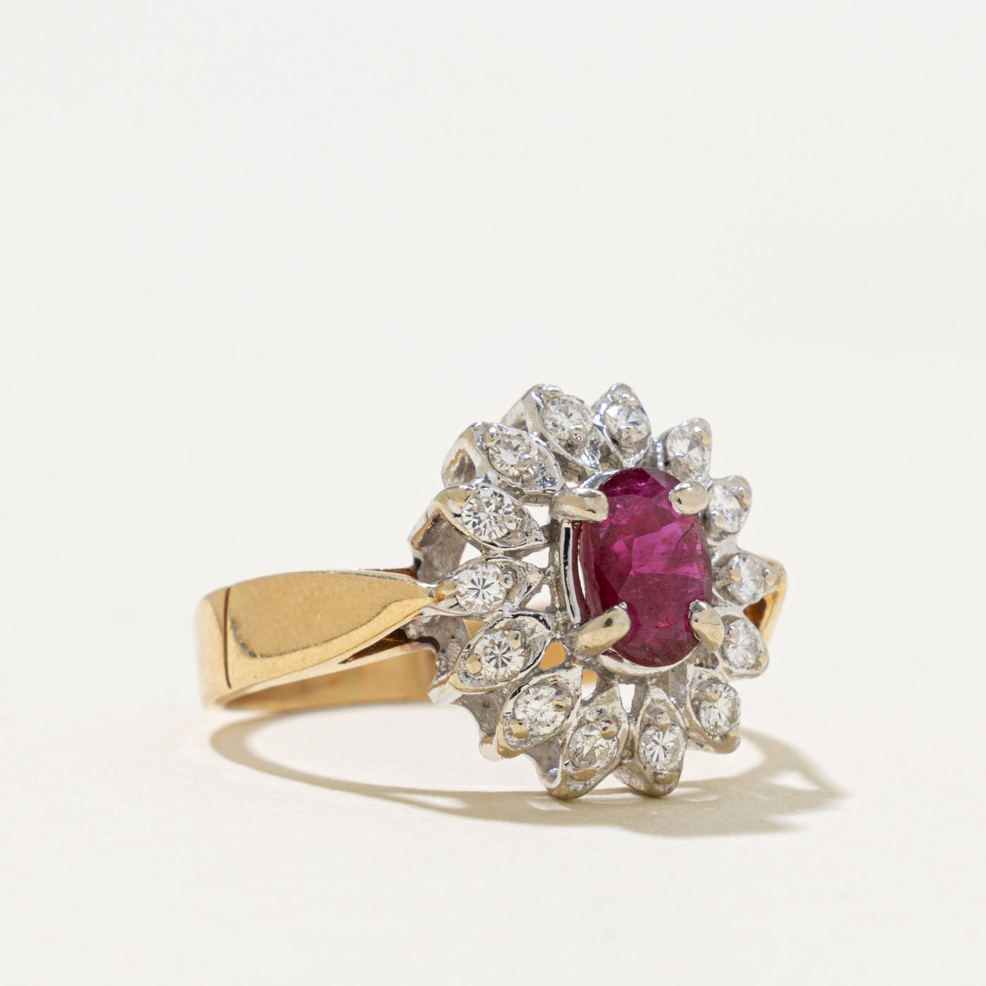 14k Ruby & Diamond Floral Halo Reverse Tapered Ring | 0.51ct, 0.28ctw | SZ 5.5