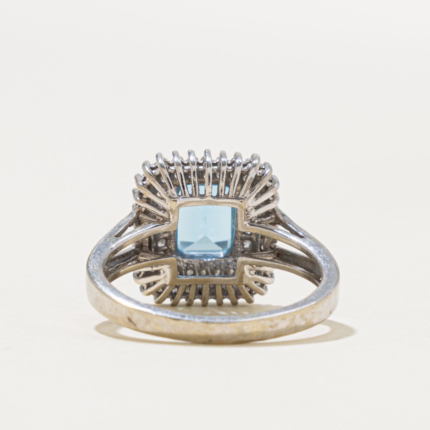 10k Emerald Cut Blue Topaz & Diamond Double Halo Ring | 2.00ct, 0.30ctw | SZ 8