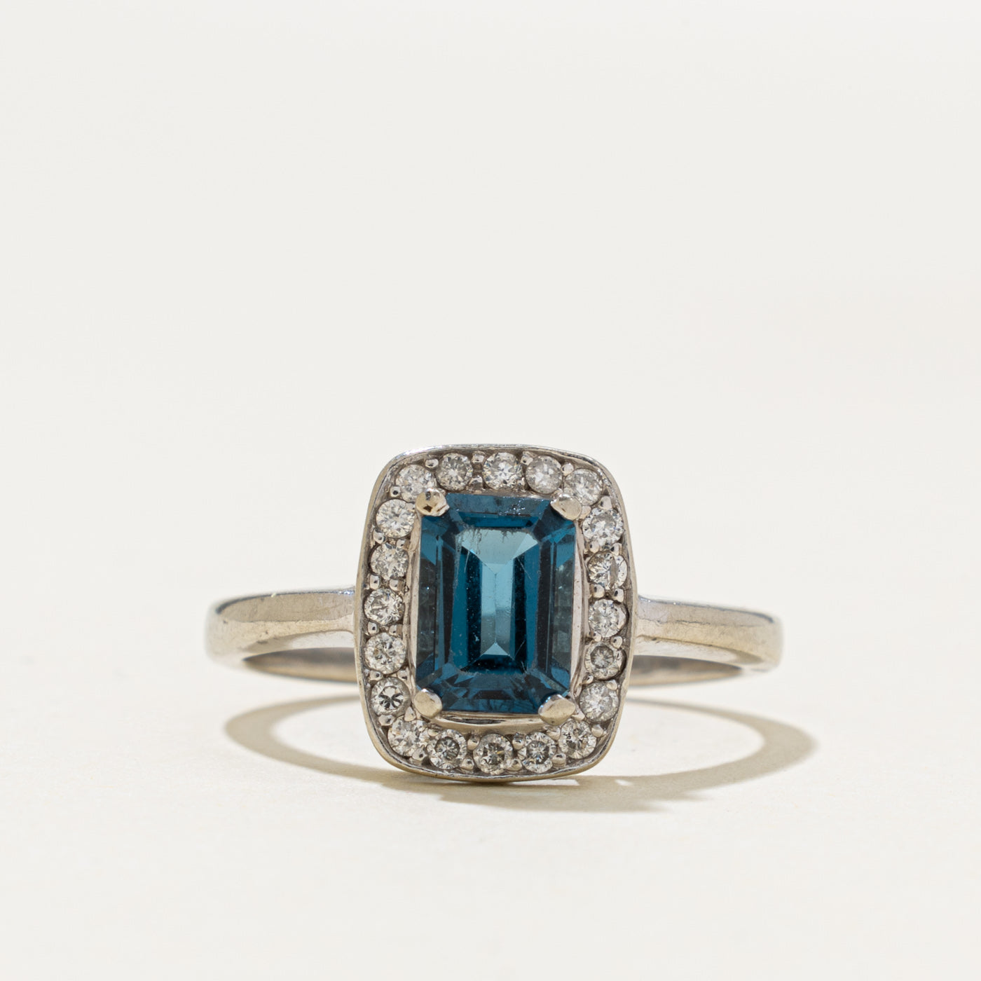 10k Pave Set London Blue Topaz & Diamond Halo Ring | 1.00ct, 0.20ctw | SZ 6.5