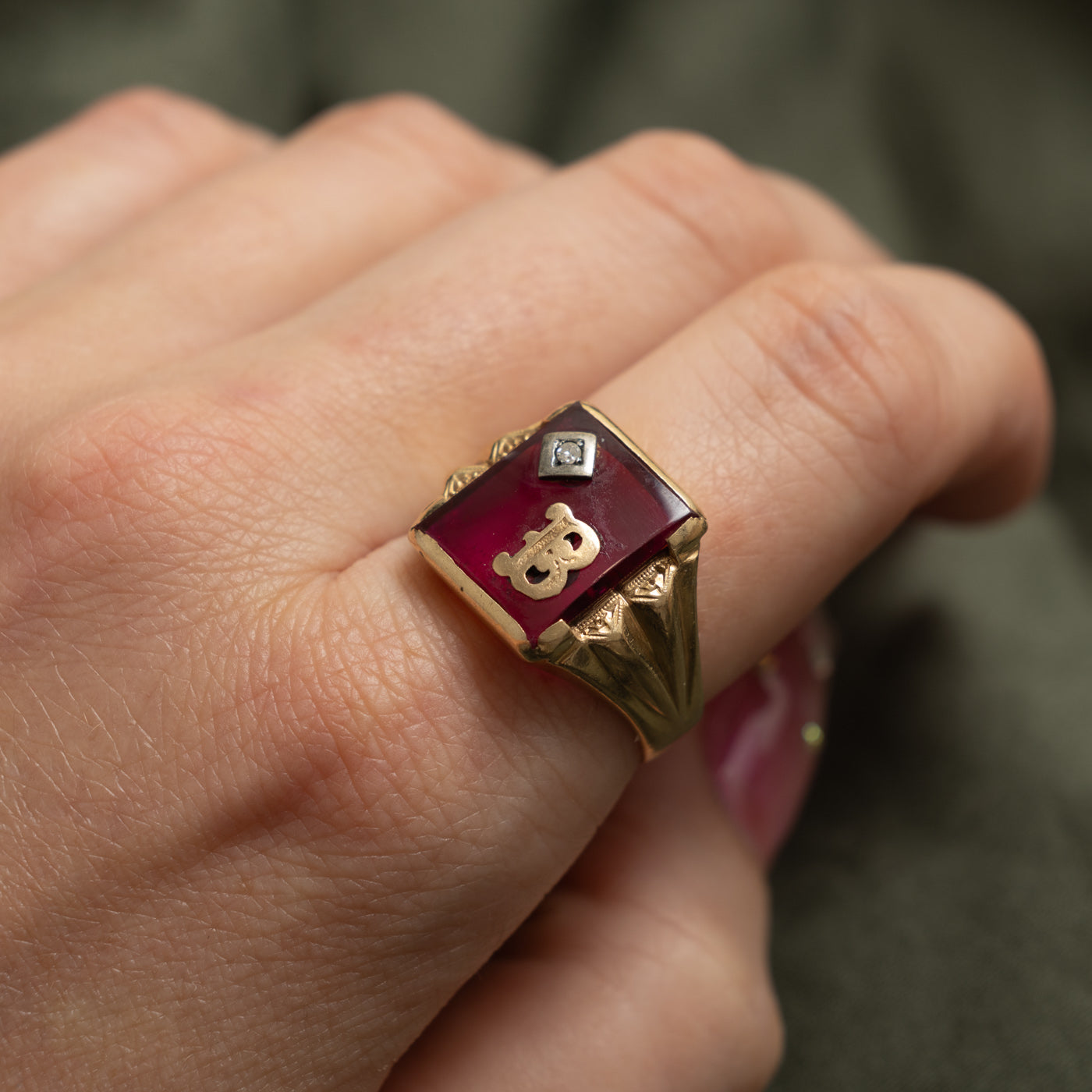 10k Synthetic Ruby & Diamond "B" Initial Signet Ring | 7.30ct, 0.01ct | SZ 8.5