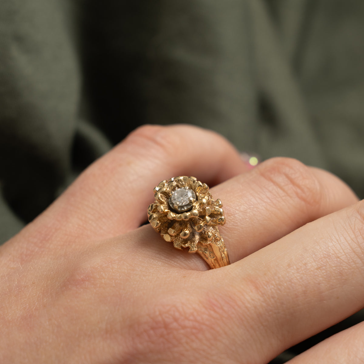 14k Solitaire Diamond Textured Floral Cocktail Ring | 0.20ct | SZ 6.75