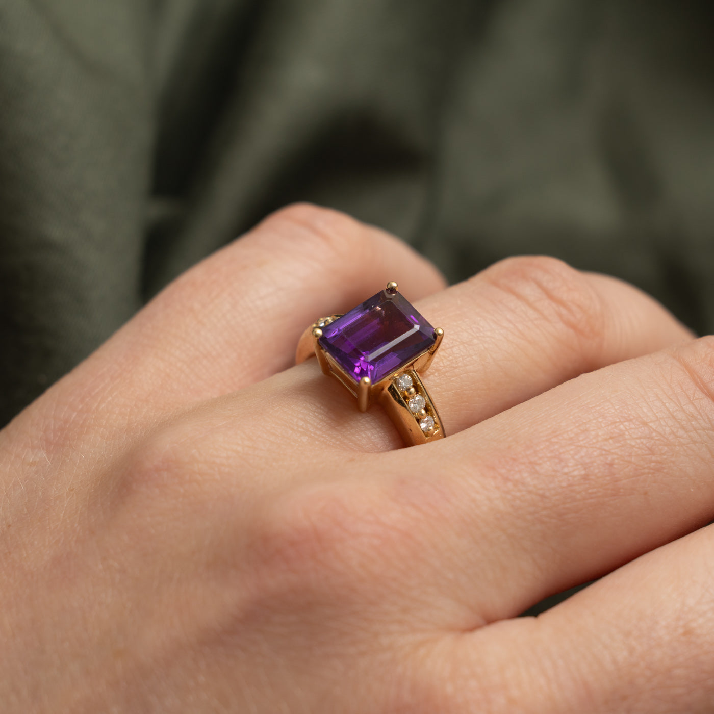 14k Emerald Cut Amethyst & Accented Diamond Ring | 3.25ct, 0.12ctw | SZ 7.25