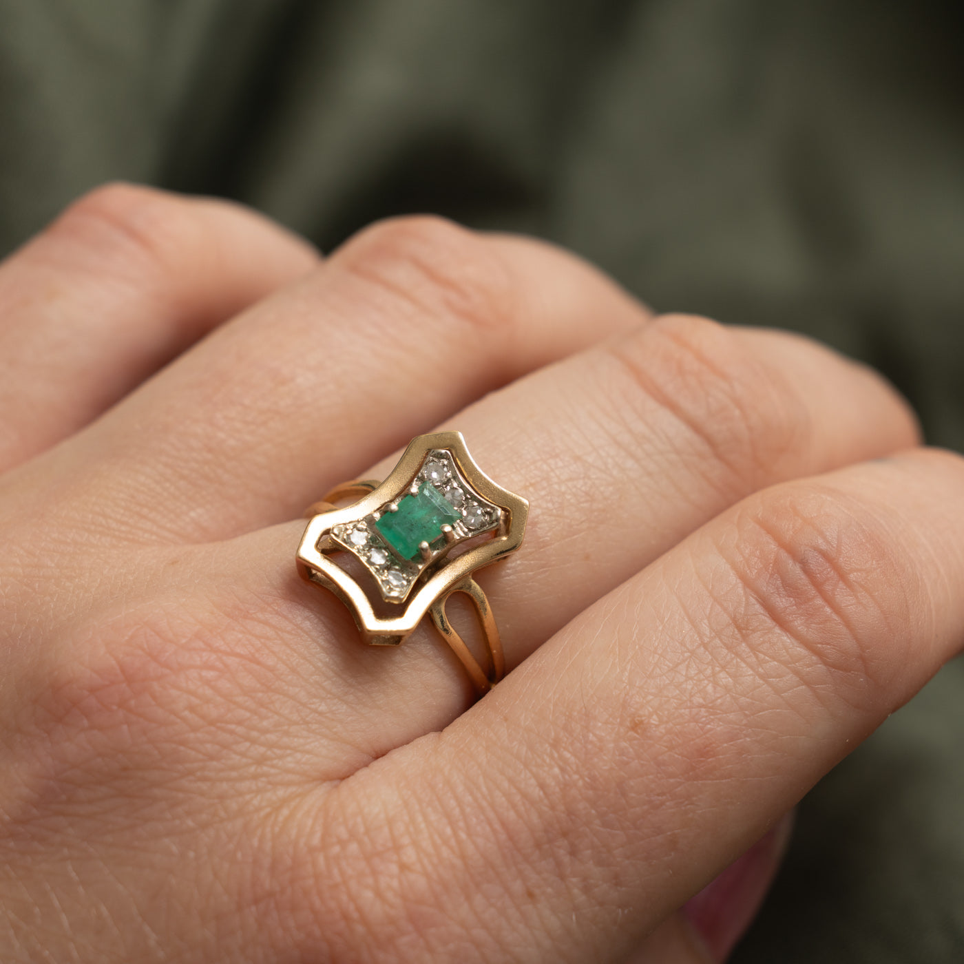 14k Emerald & Diamond Geometric Ring | 0.38ct, 0.12ctw | SZ 6.5