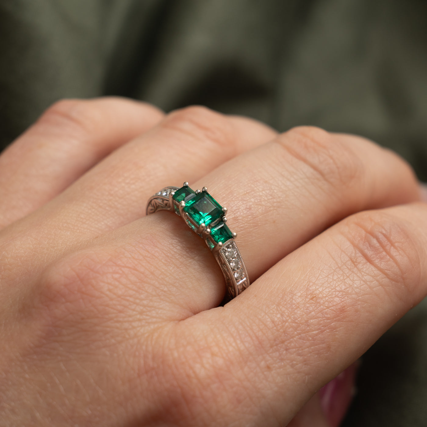 14k Three Stone Synthetic Emerald & Diamond Engraved Ring | 0.85ct, 0.12ctw | SZ 7