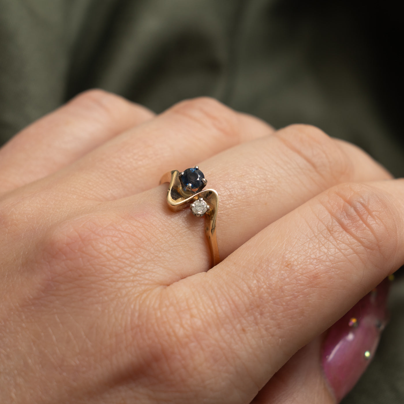 10k Two Stone Sapphire & Diamond Bypass Ring | 0.30ct, 0.06ct | SZ 7