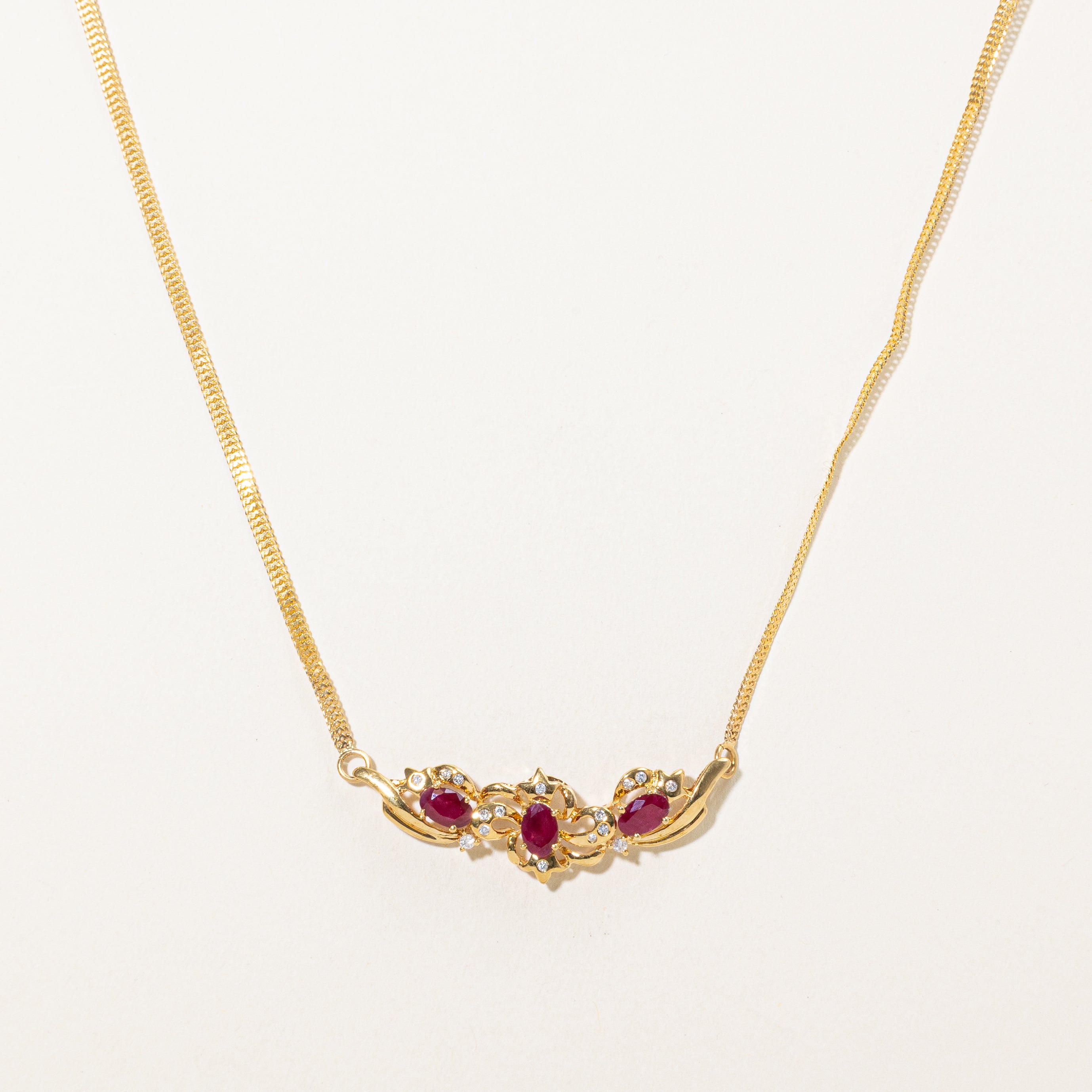 18k Ruby & Diamond Floral Pendant Necklace | 1.20ctw, 0.12ctw | 15"