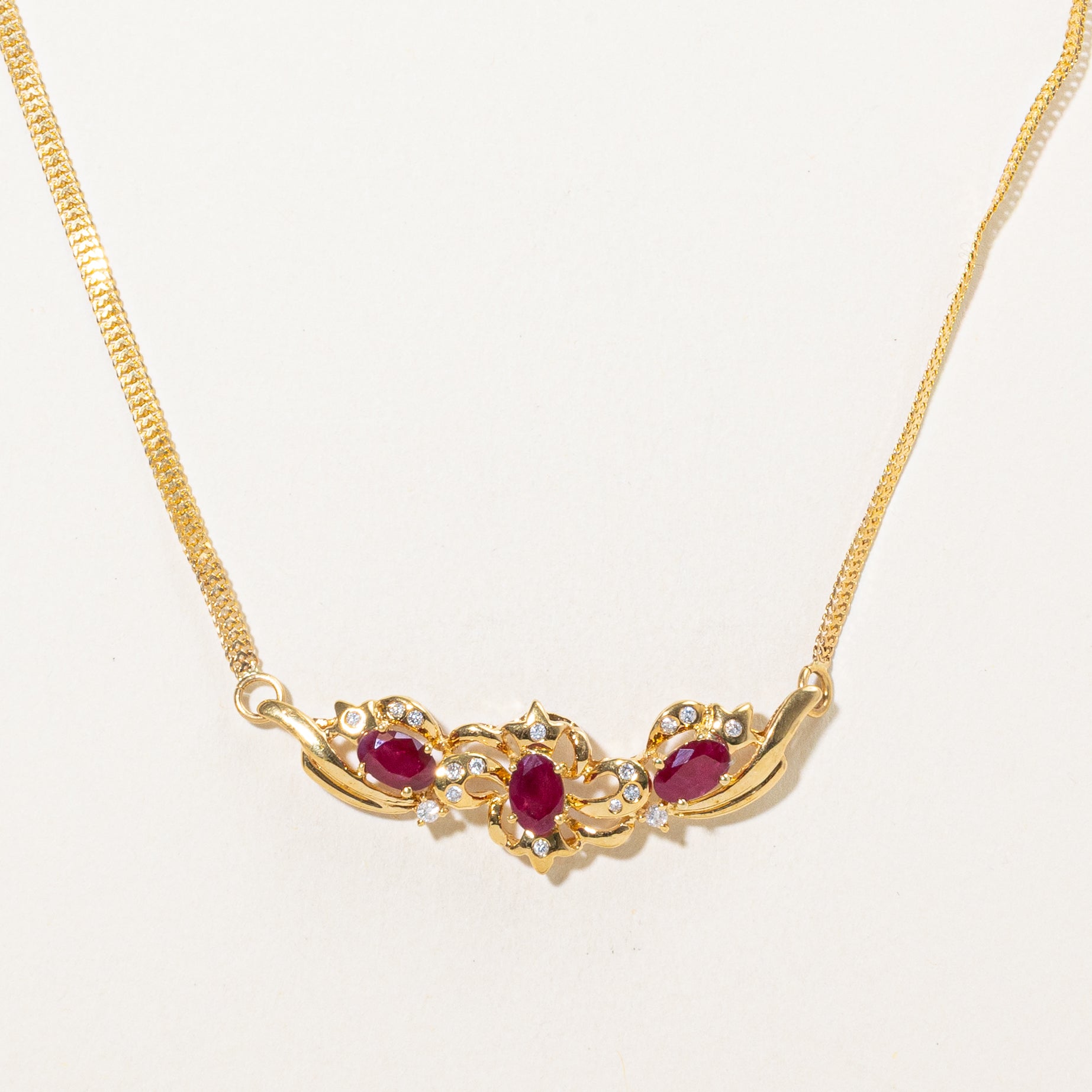 18k Ruby & Diamond Floral Pendant Necklace | 1.20ctw, 0.12ctw | 15"