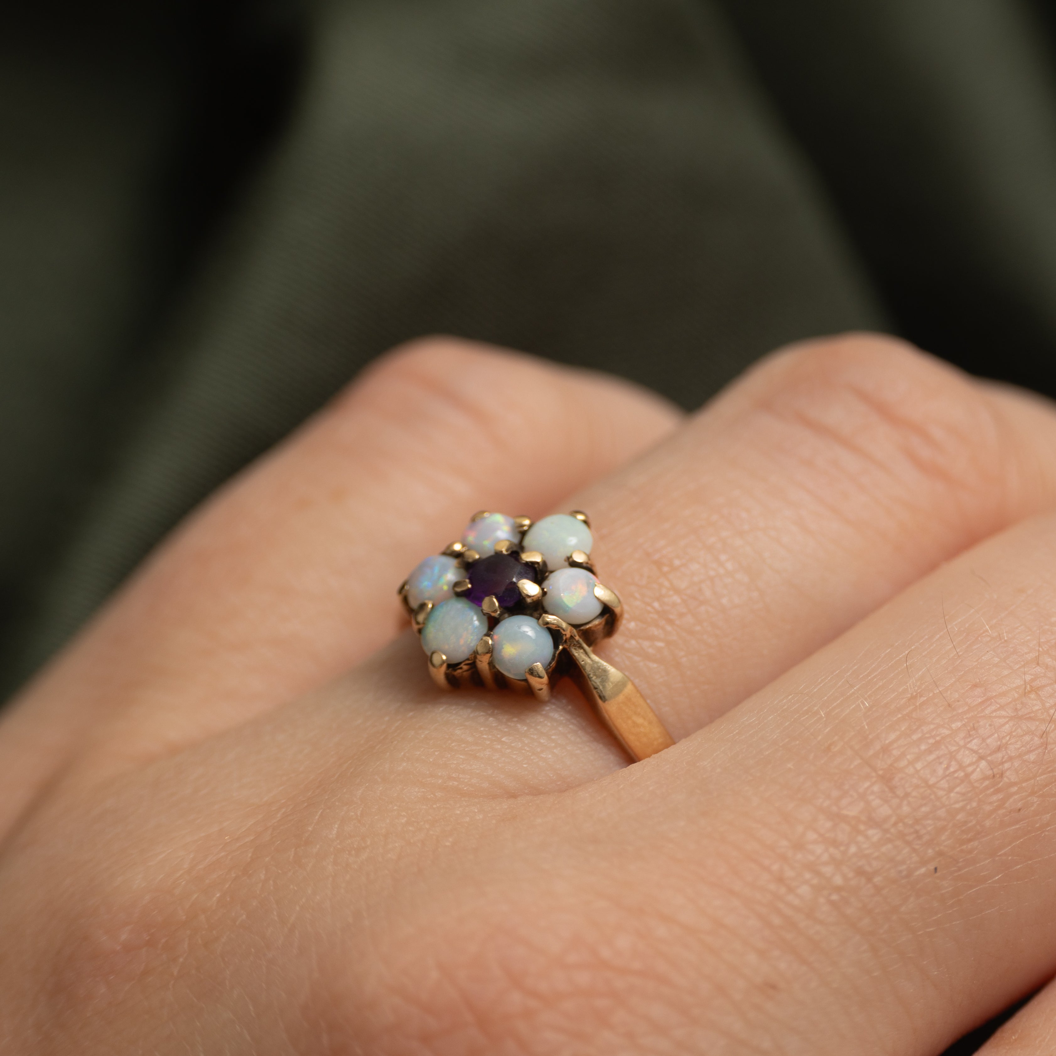 1976 London Cabochon Pasté Glass & Opal Petal Ring | 0.12ct, 0.31ctw | SZ 7.25