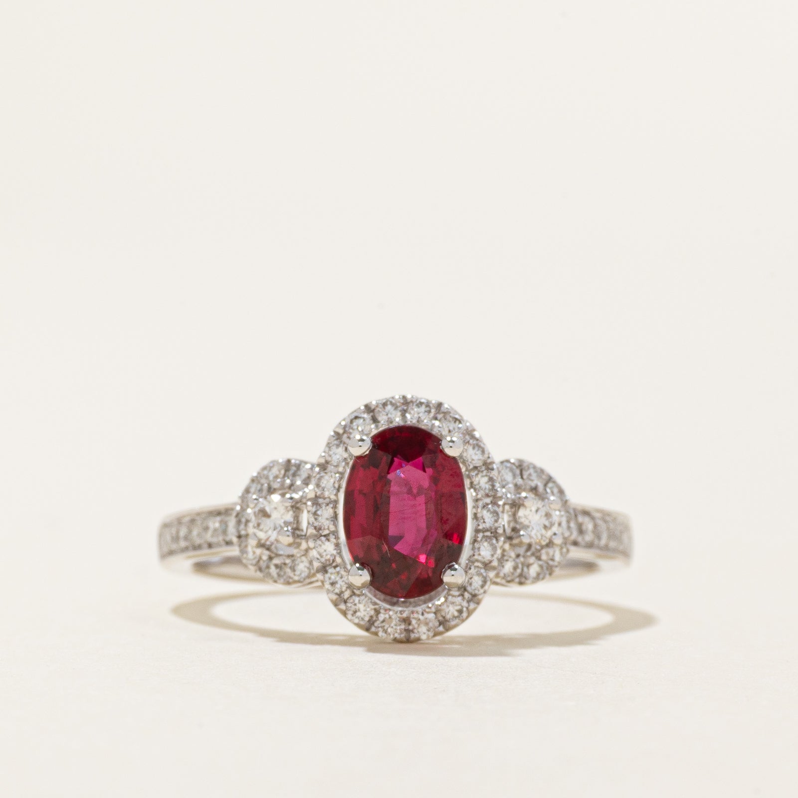 Unheated Vivid Purplish Red Ruby & Diamond Halo Ring | 0.91ct | 0.36ct | SZ 6.5