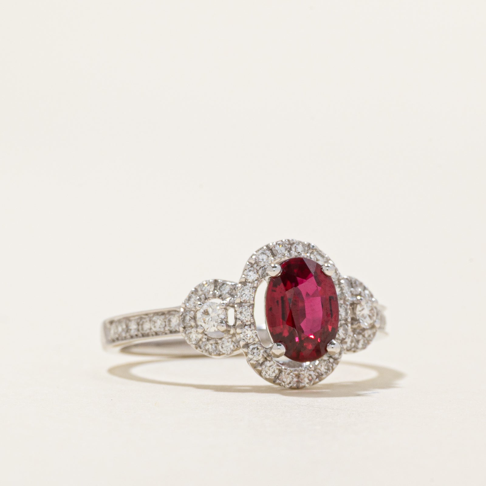 Unheated Vivid Purplish Red Ruby & Diamond Halo Ring | 0.91ct | 0.36ct | SZ 6.5