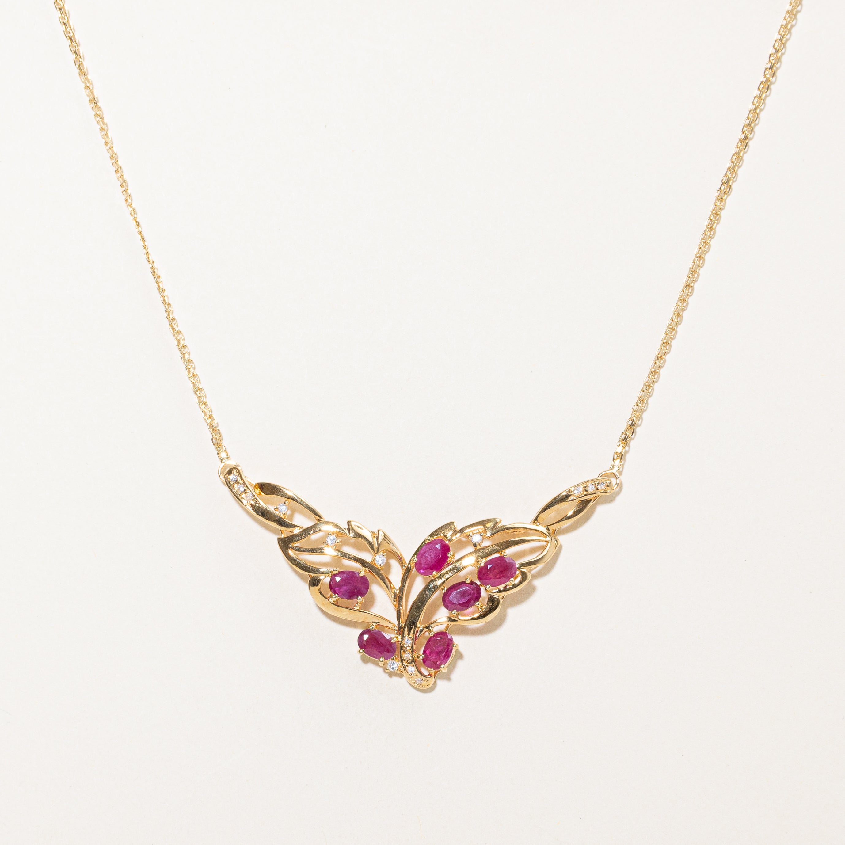 18k Ruby & Zircon Leaf Design Pendant Necklace | 2.70ctw, 0.10ctw | 14"