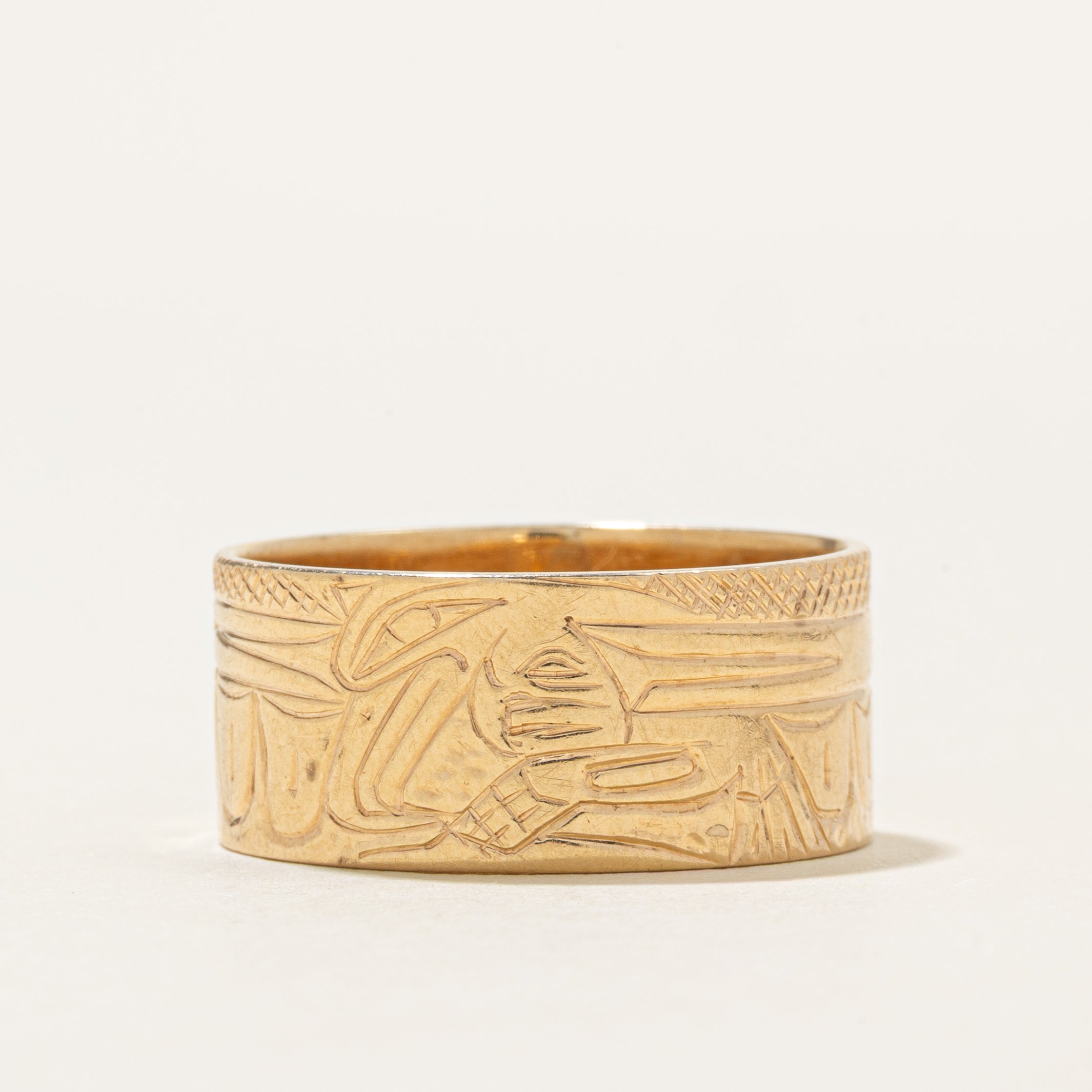 'Thunderbird' 14K Indigenous Hand Carved Yellow Gold Band | 9.75mm | SZ 9