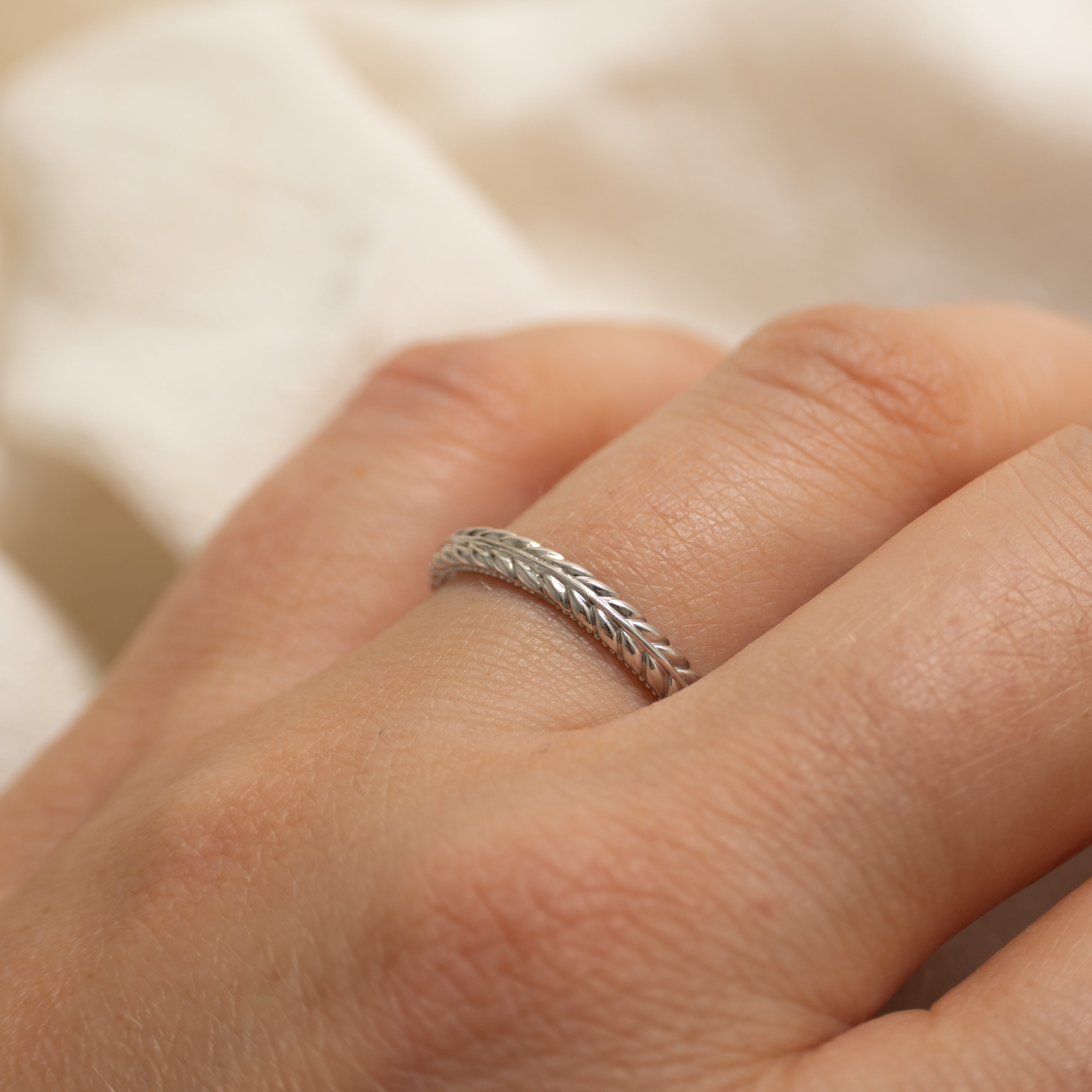 10k White Gold Engraved Laurel Band | 2.6mm | SZ 7.5