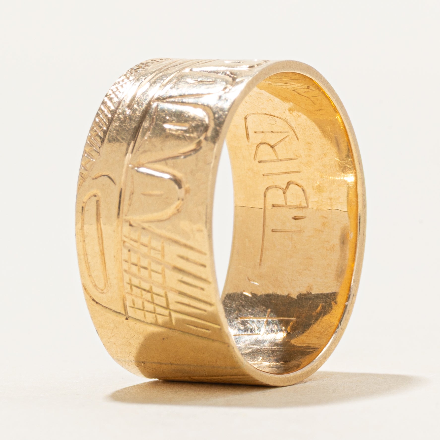 'Thunderbird' 14K Indigenous Hand Carved Yellow Gold Band | 9.75mm | SZ 9