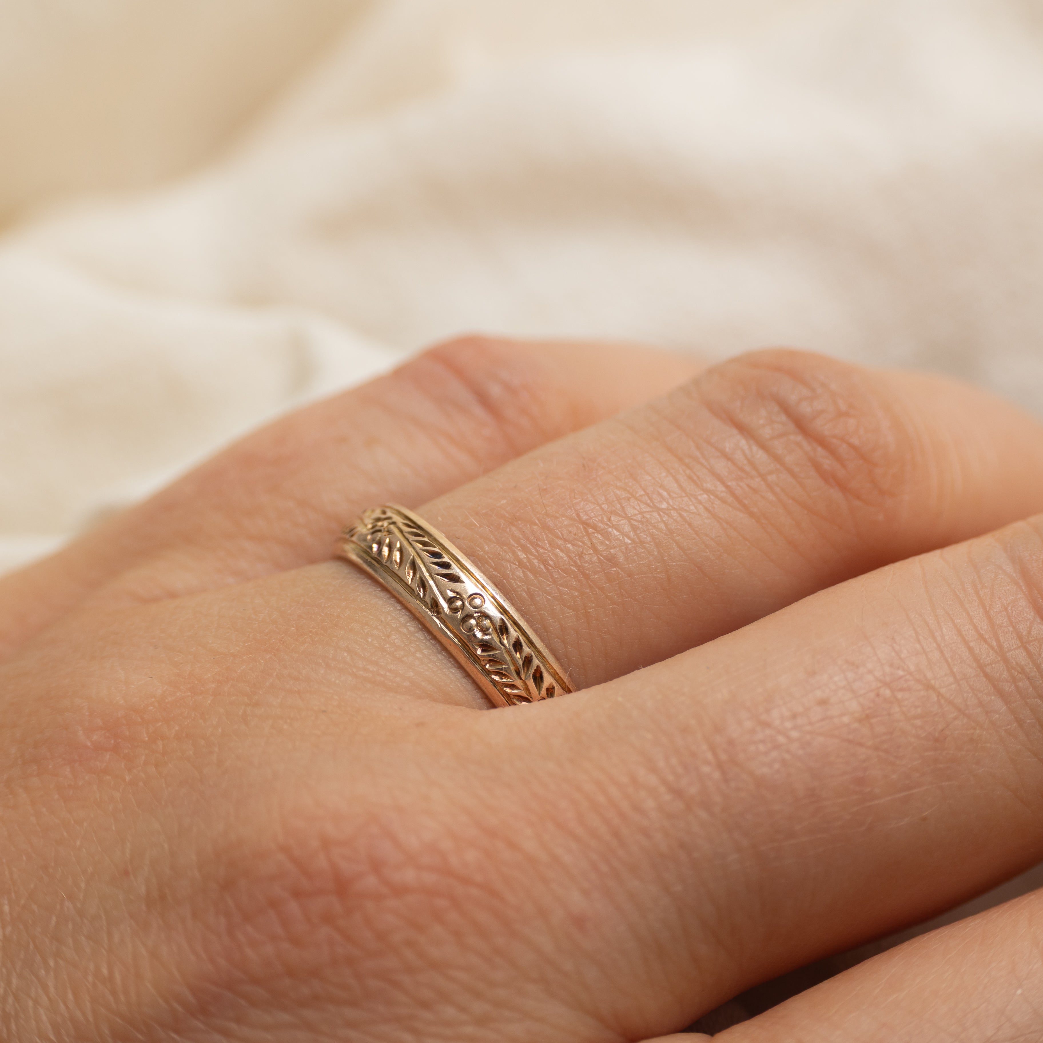 9k Yellow Gold Engraved Floral Band | 4.5mm | SZ 8.5