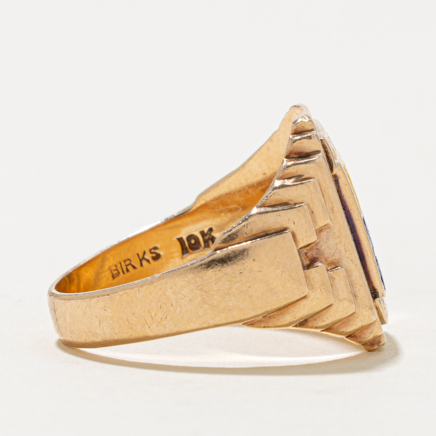 'Birks' Yellow Gold Enamel Crest Signet Ring | SZ 7