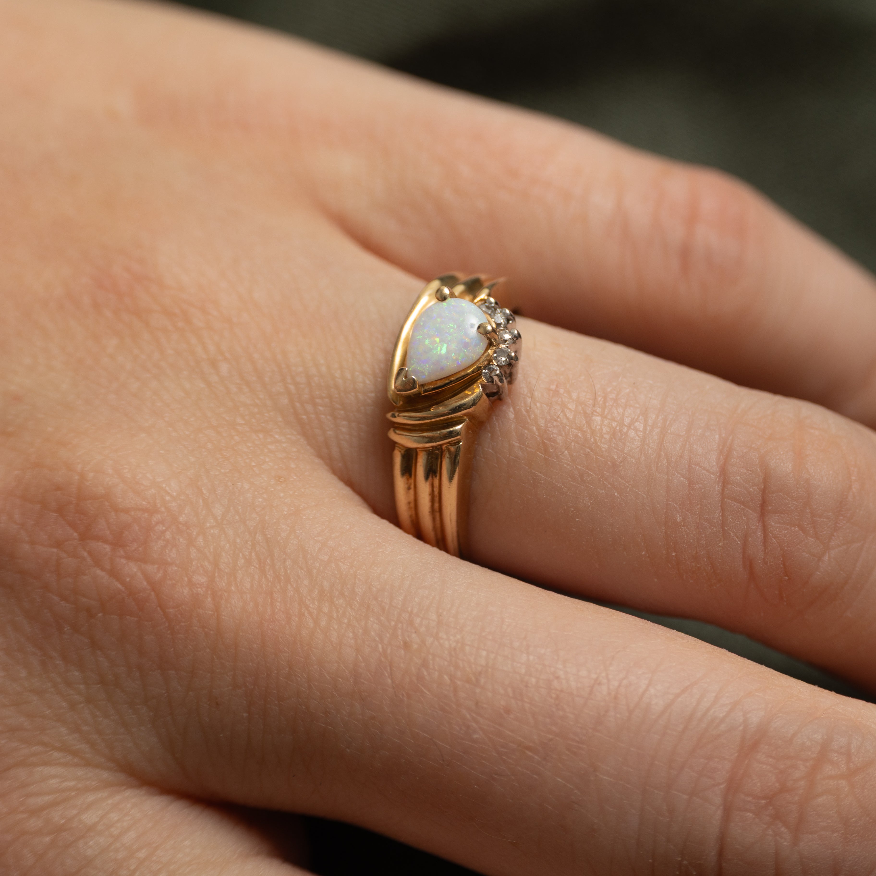 Pear Cut Opal & Diamond Grooved Ring | 0.19ct, 0.03ctw | SZ 7.25