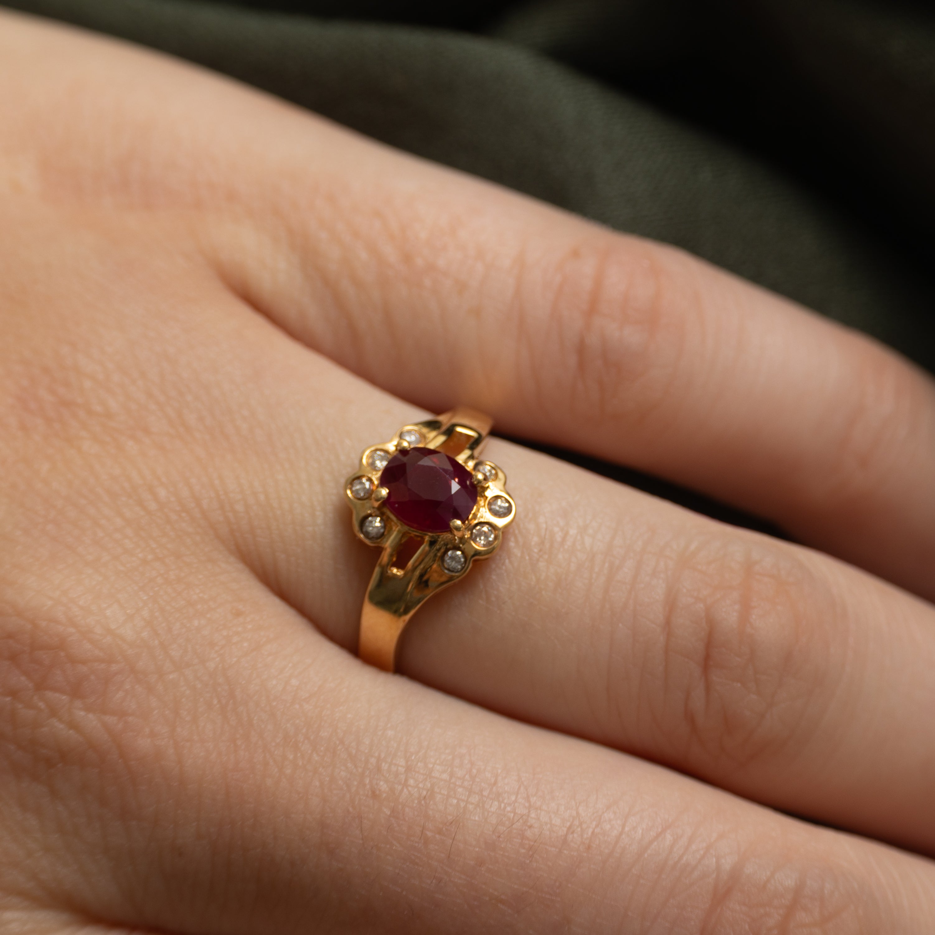 18k Ruby & Diamond Halo Ring | 1.00ct, 0.08ctw | SZ 6.75