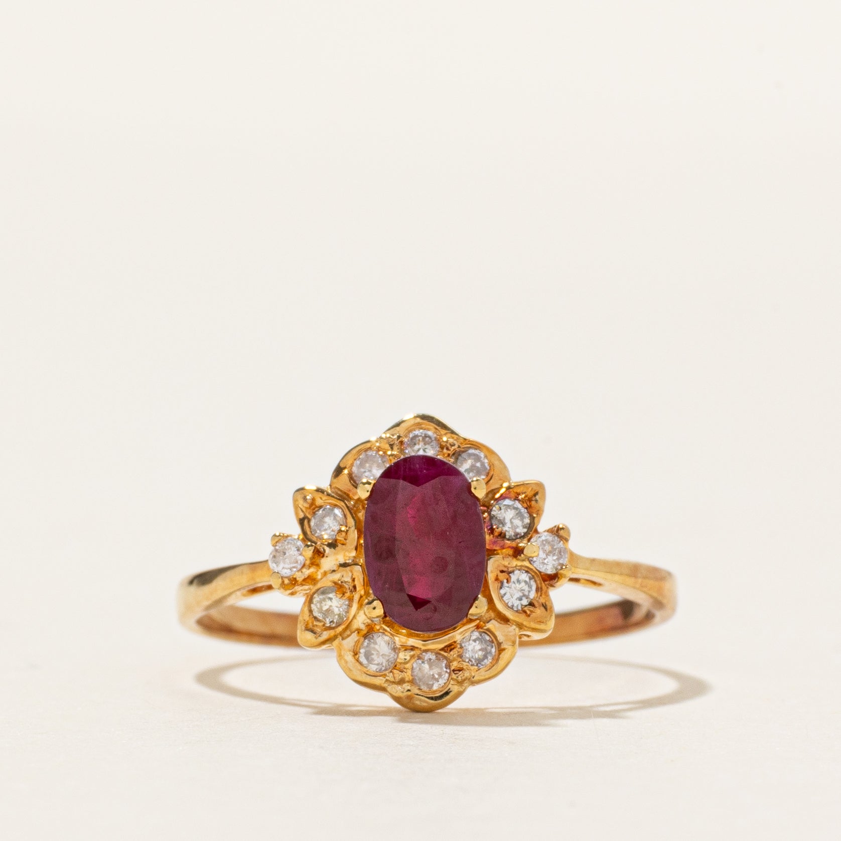 18k Ruby & Diamond Halo Ring | 0.60ct, 0.10ctw | SZ 5.75