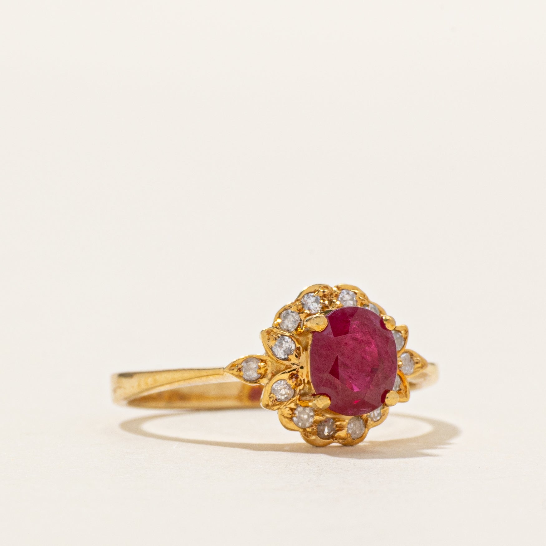18k Ruby & Diamond Halo Ring | 0.80ct, 0.10ctw | SZ 5.5