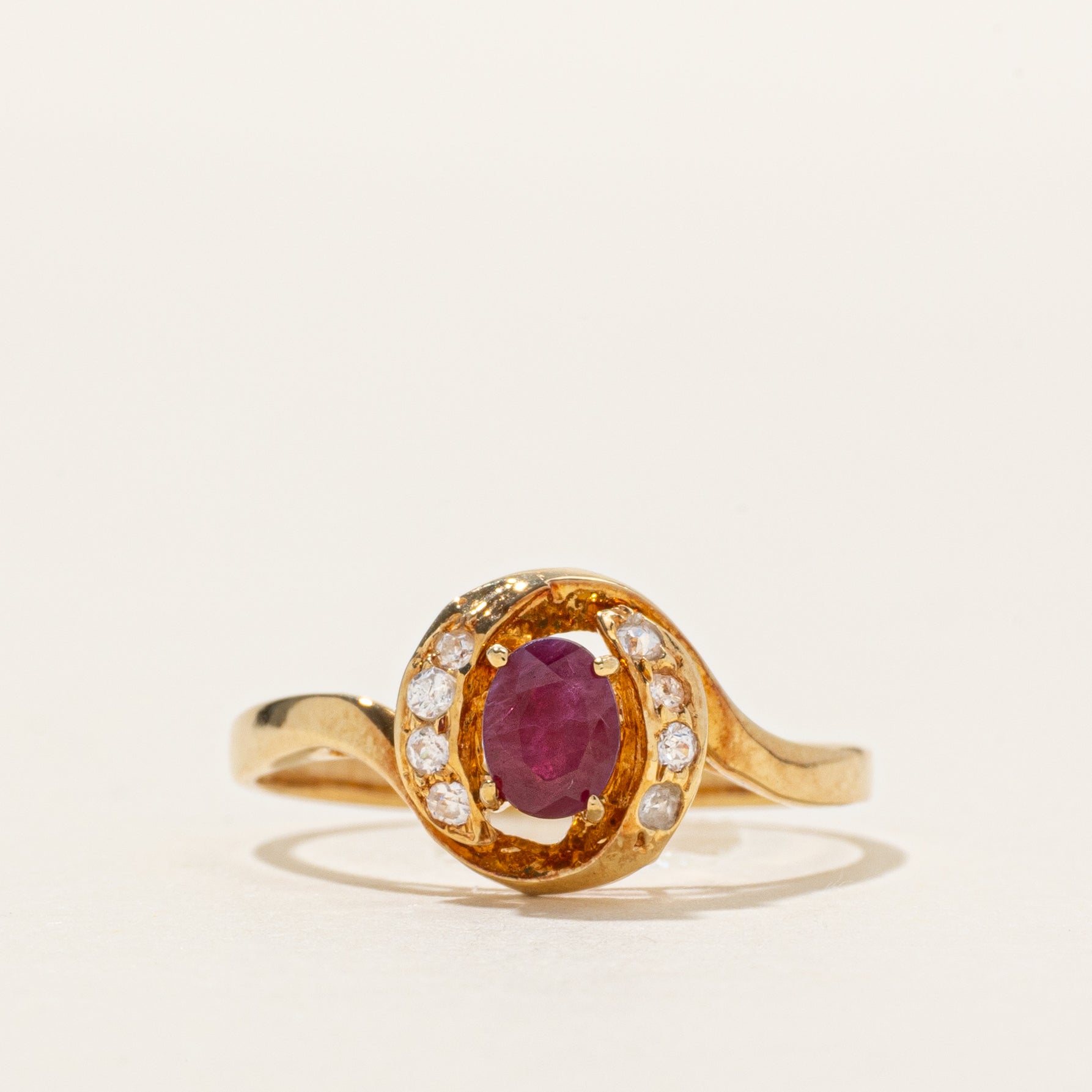 18k Ruby & Zircon Halo Swirl Ring | 0.36ct, 0.08ctw | SZ 6
