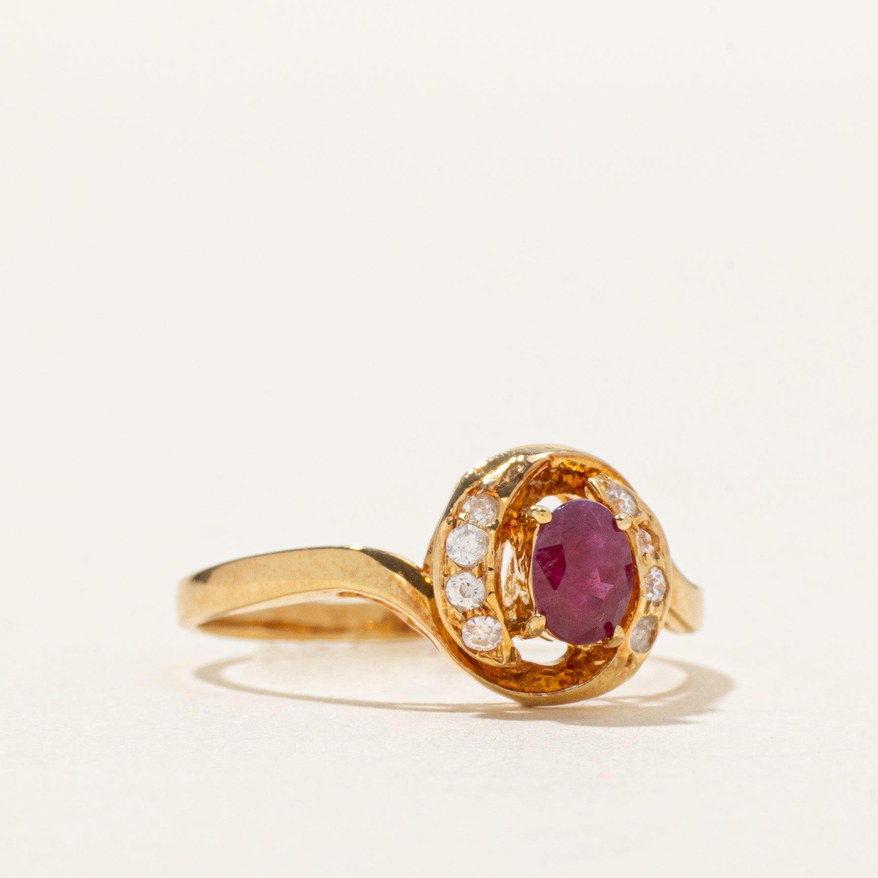 18k Ruby & Zircon Halo Swirl Ring | 0.36ct, 0.08ctw | SZ 6