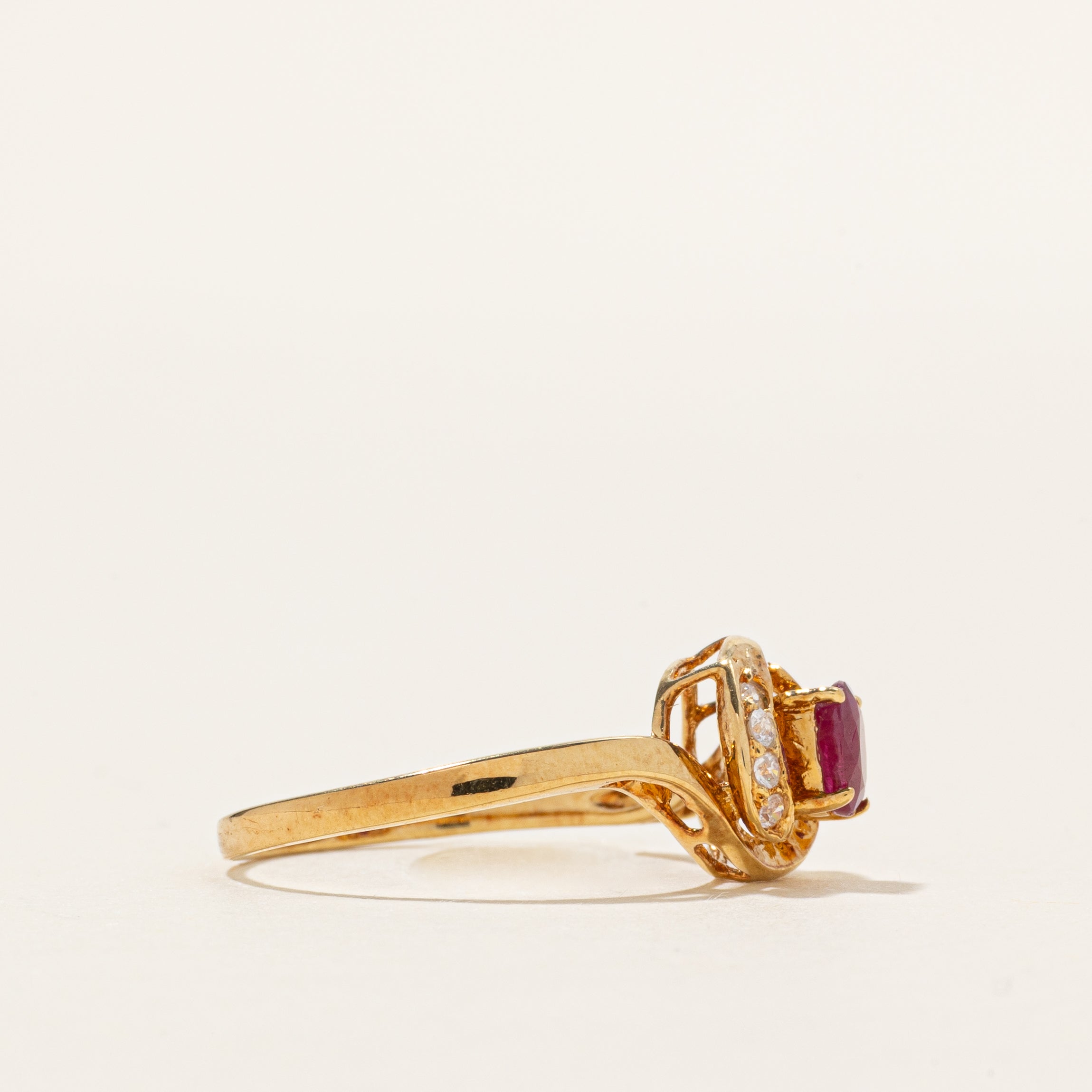 18k Ruby & Zircon Halo Swirl Ring | 0.36ct, 0.08ctw | SZ 6
